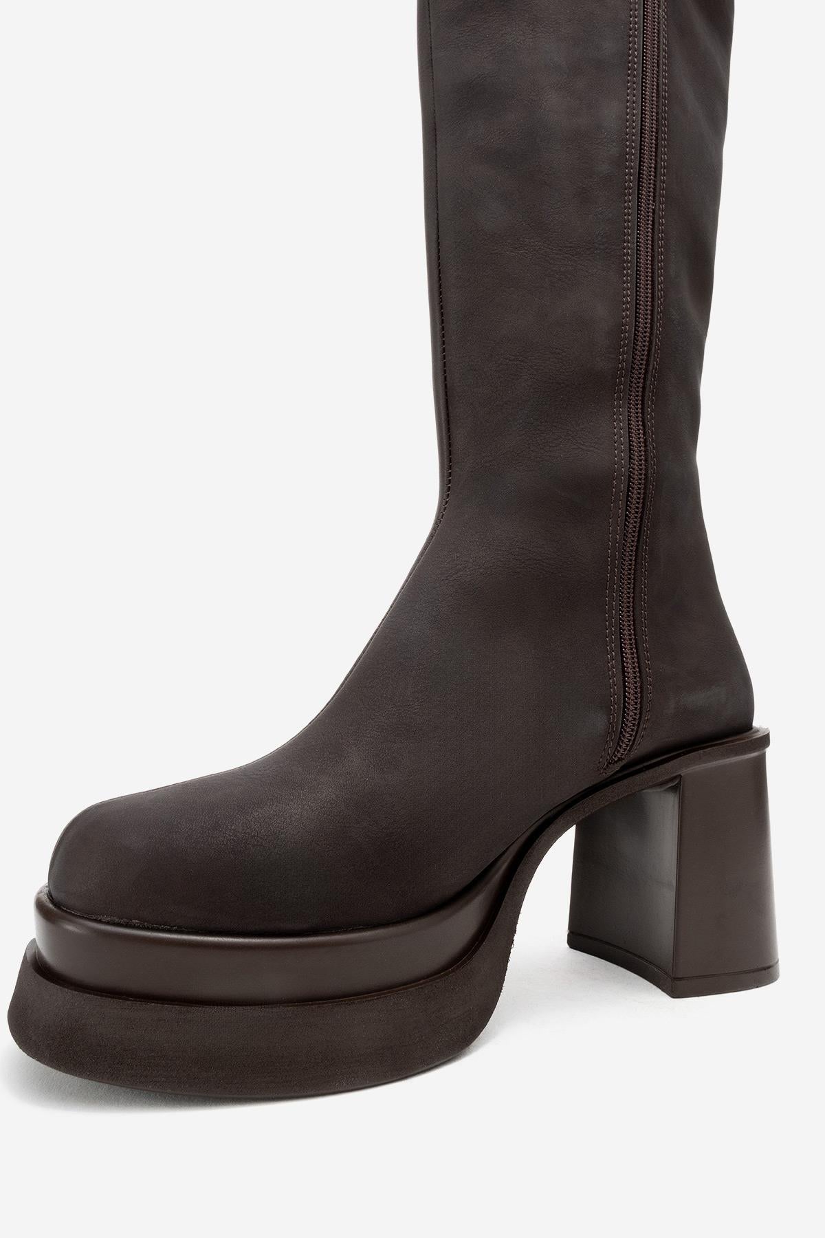 Carm - Brown Nubuck Platform Heel Mid-Calf Boot – heel view showing leather, Vowalisse