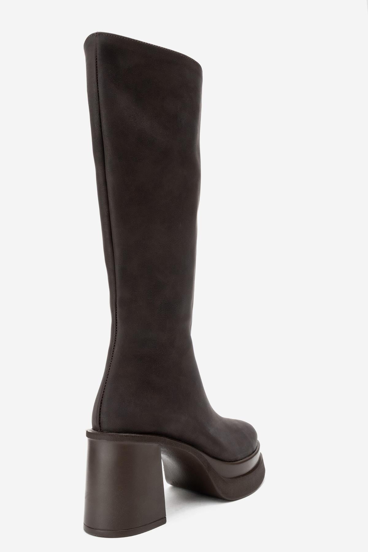 Carm - Brown Nubuck Platform Heel Mid-Calf Boot – back view showing leather, Vowalisse