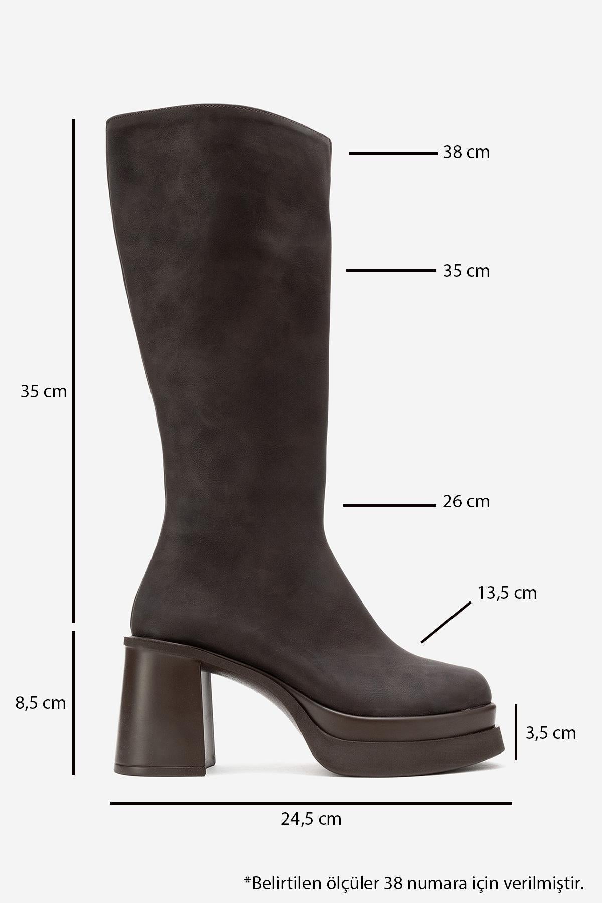 Carm - Brown Nubuck Platform Heel Mid-Calf Boot – top view showing leather, Vowalisse