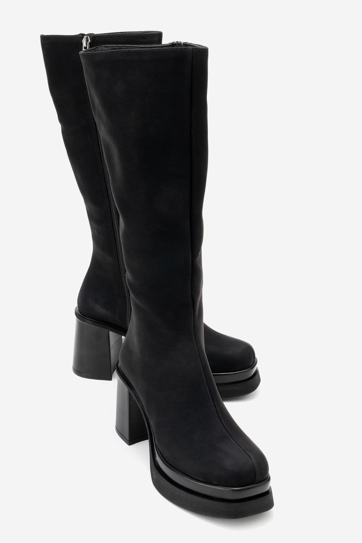 Carm - Black Nubuck Platform Heel Mid-Calf Boot – front three-quarter view showing leather, black, Vowalisse