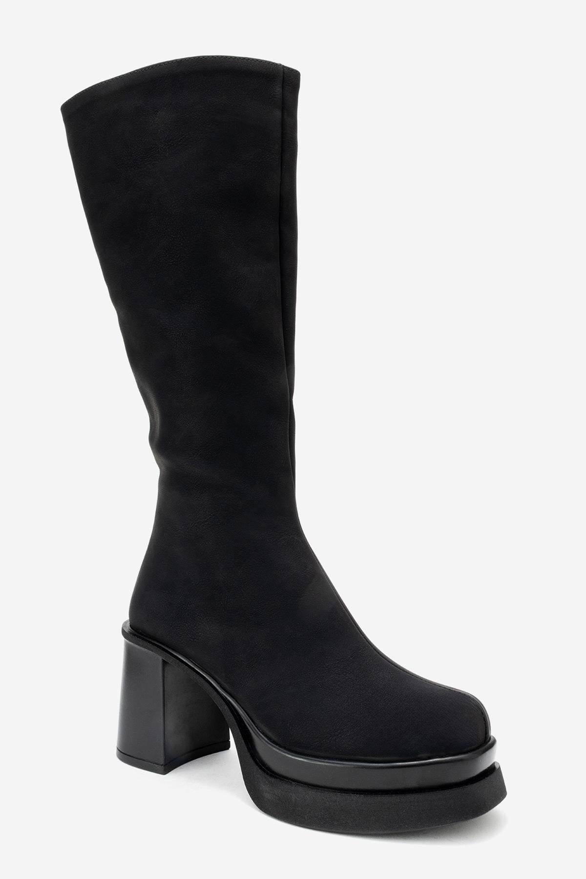 Carm - Black Nubuck Platform Heel Mid-Calf Boot – detail view showing leather, black, Vowalisse