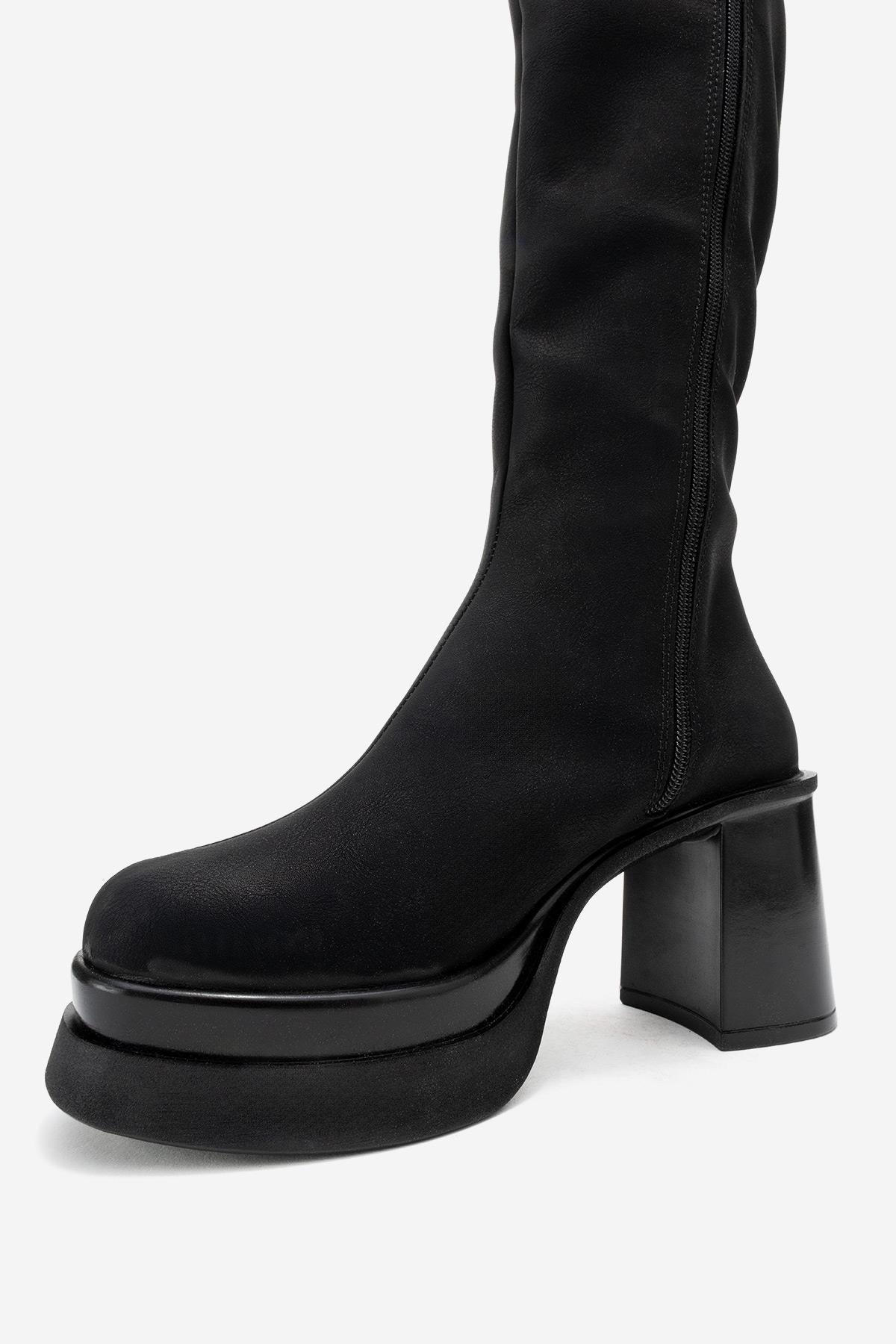 Carm - Black Nubuck Platform Heel Mid-Calf Boot – heel view showing leather, black, Vowalisse