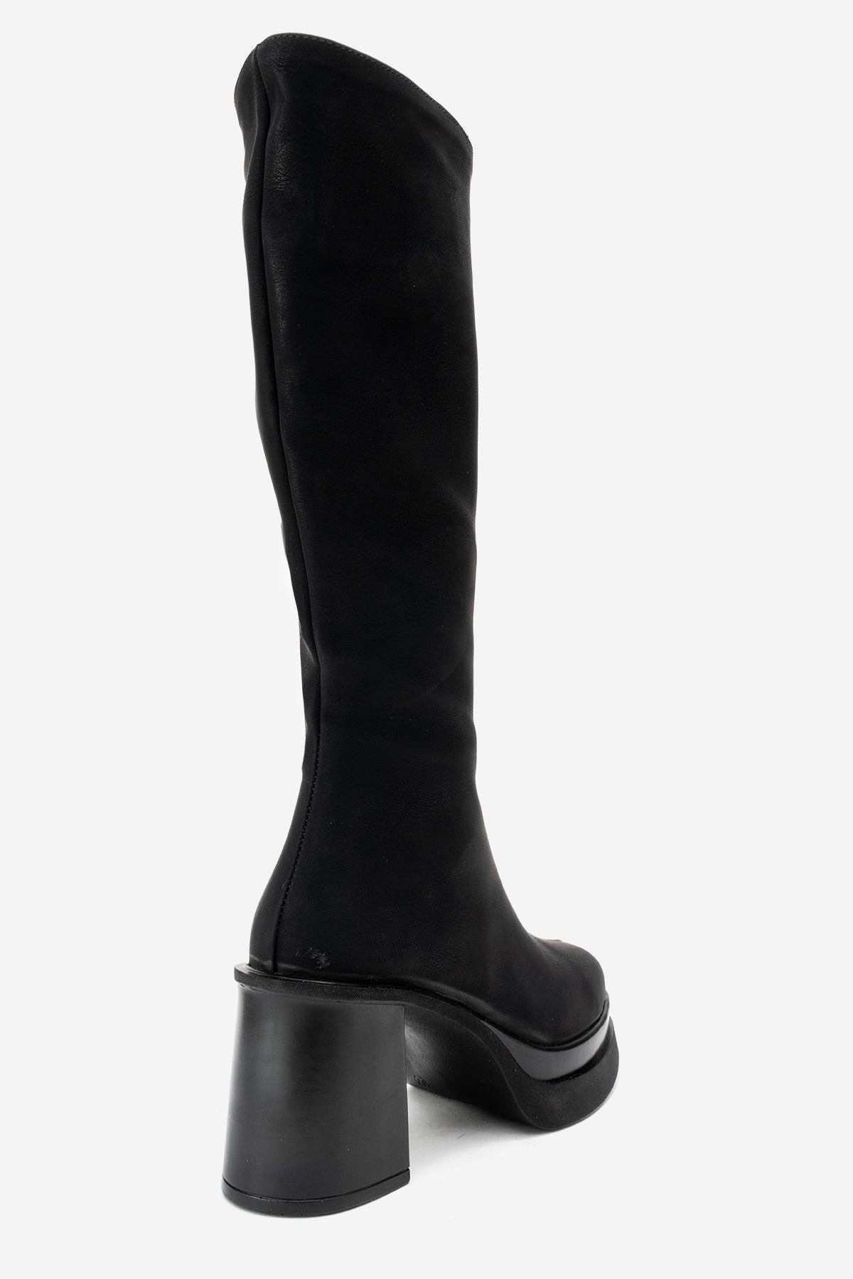 Carm - Black Nubuck Platform Heel Mid-Calf Boot – back view showing leather, black, Vowalisse