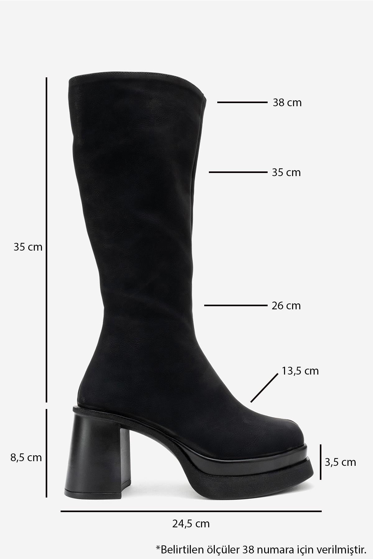 Carm - Black Nubuck Platform Heel Mid-Calf Boot – top view showing leather, black, Vowalisse