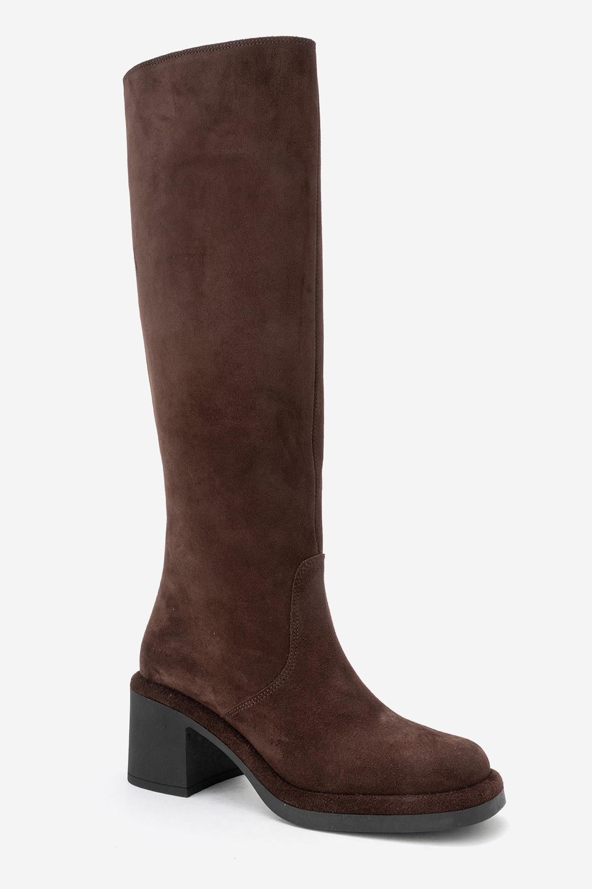 Fros - Brown Genuine Leather Block Heel Knee-High Boot – detail view showing leather, suede, Vowalisse