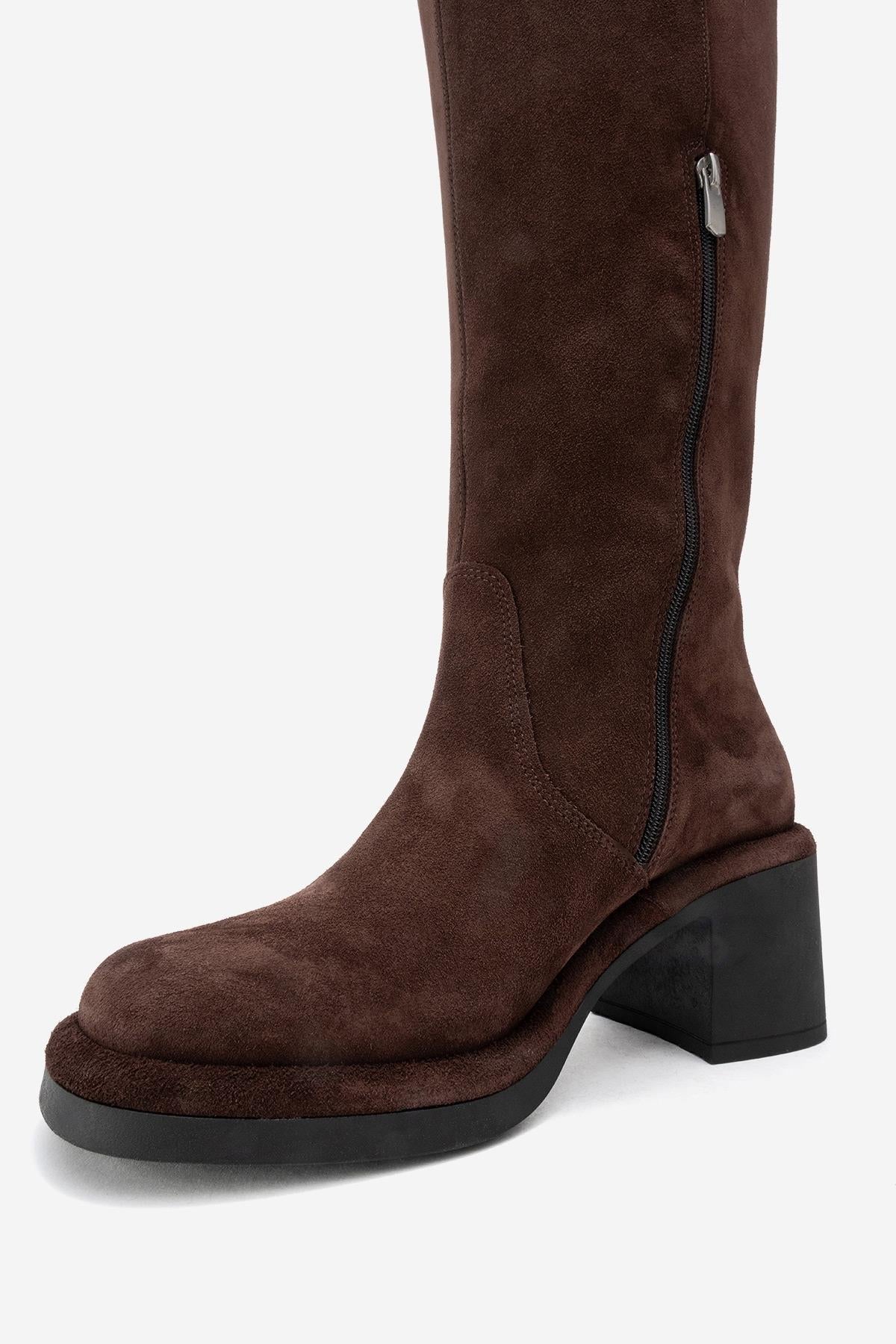 Fros - Brown Genuine Leather Block Heel Knee-High Boot – heel view showing leather, suede, Vowalisse