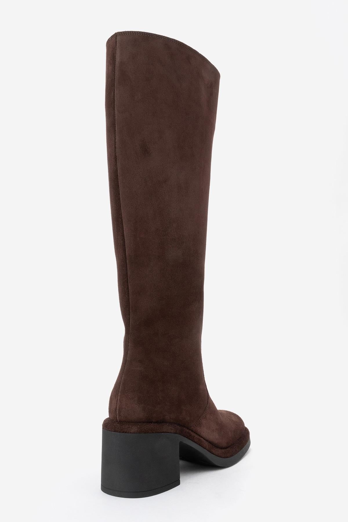 Fros - Brown Genuine Leather Block Heel Knee-High Boot – back view showing leather, suede, Vowalisse