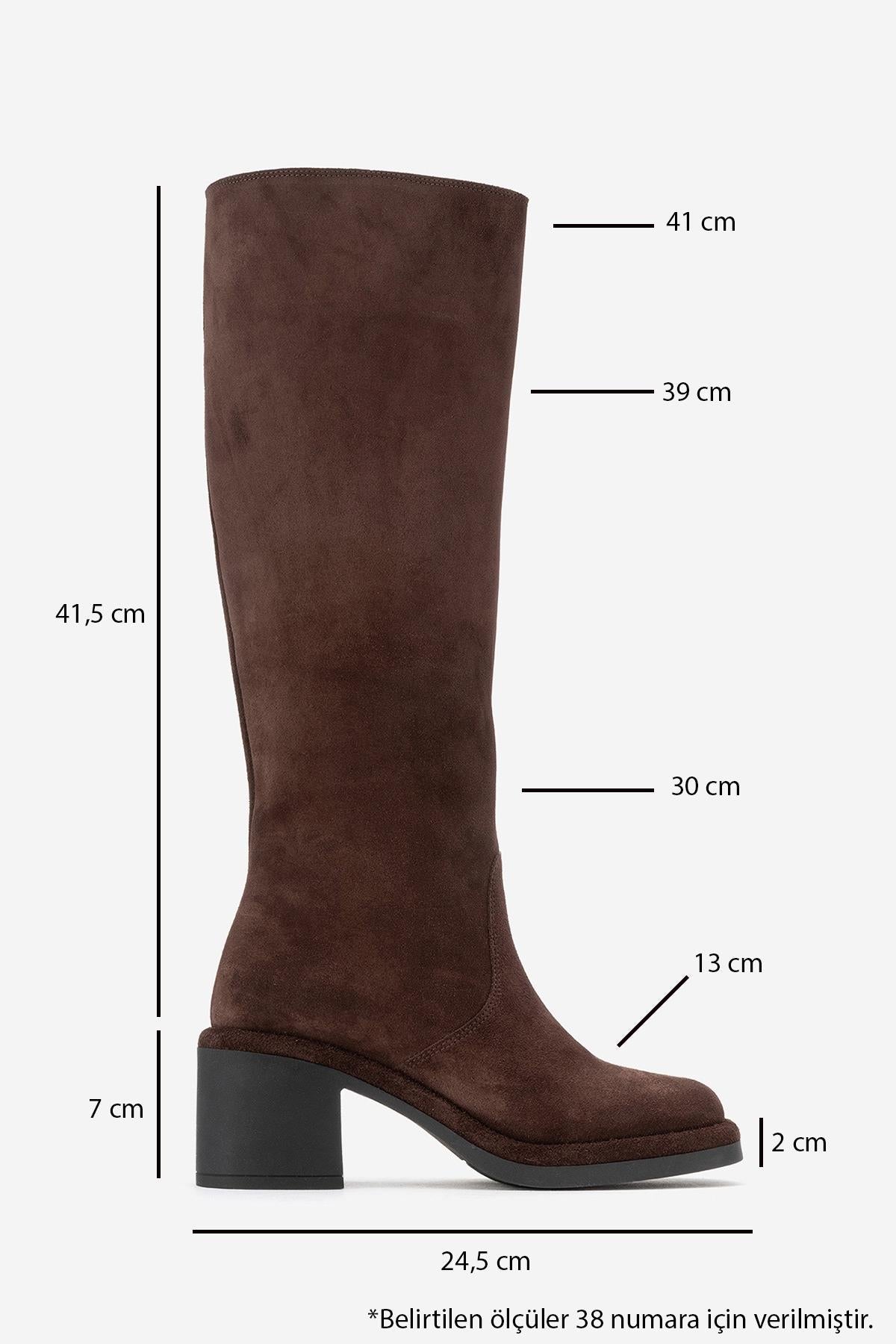 Fros - Brown Genuine Leather Block Heel Knee-High Boot – top view showing leather, suede, Vowalisse