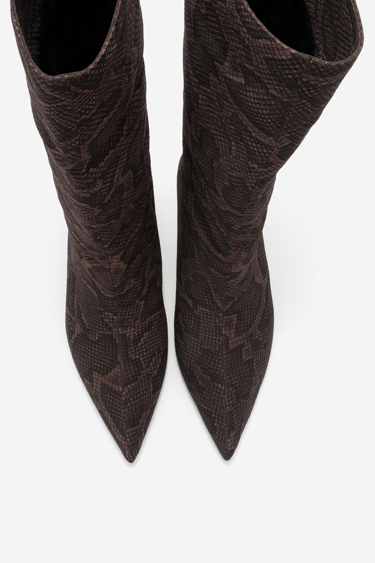 Crow - Brown Patterned Pointed Toe Ankle Boot – side view showing leather, red, Vowalisse