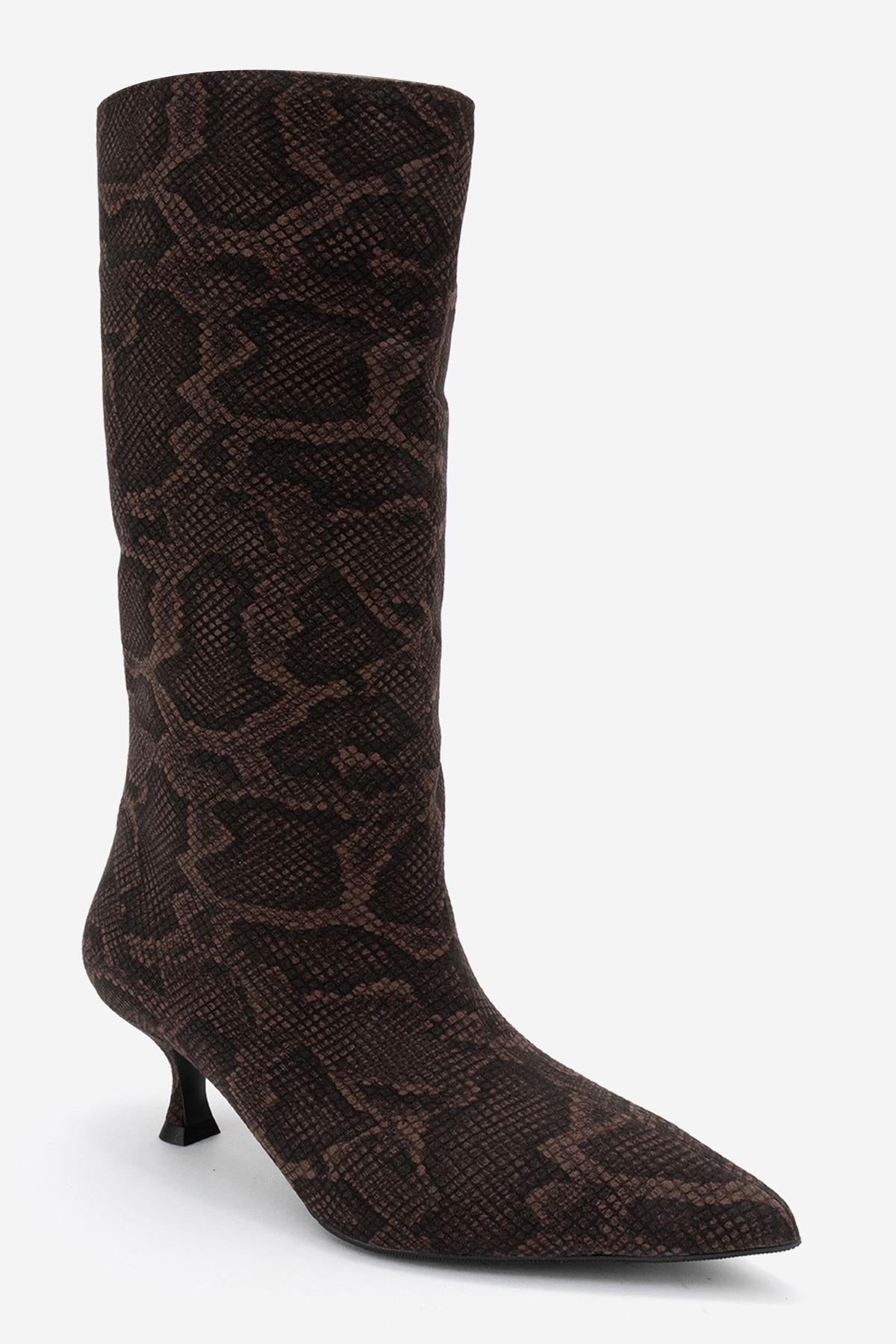 Crow - Brown Patterned Pointed Toe Ankle Boot – detail view showing leather, red, Vowalisse