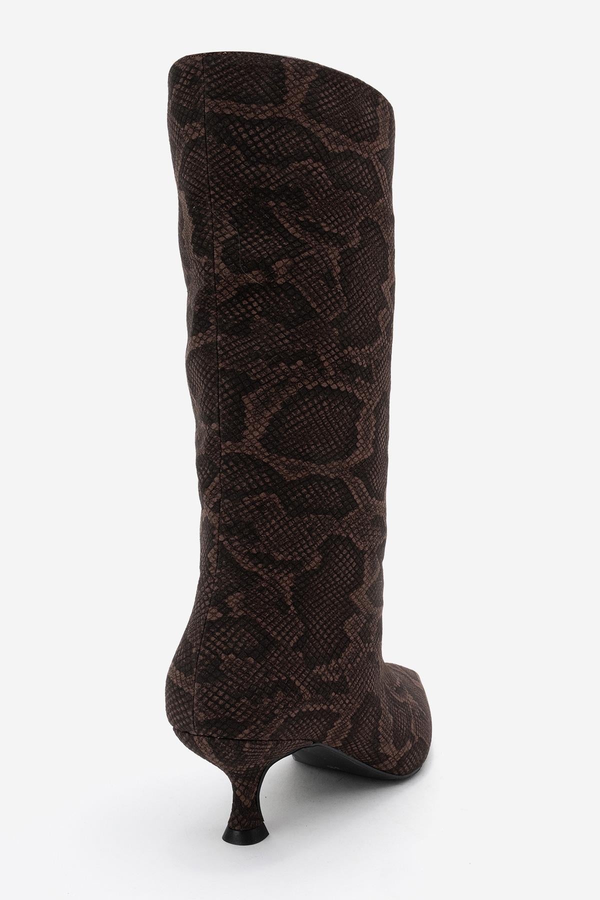 Crow - Brown Patterned Pointed Toe Ankle Boot – back view showing leather, red, Vowalisse
