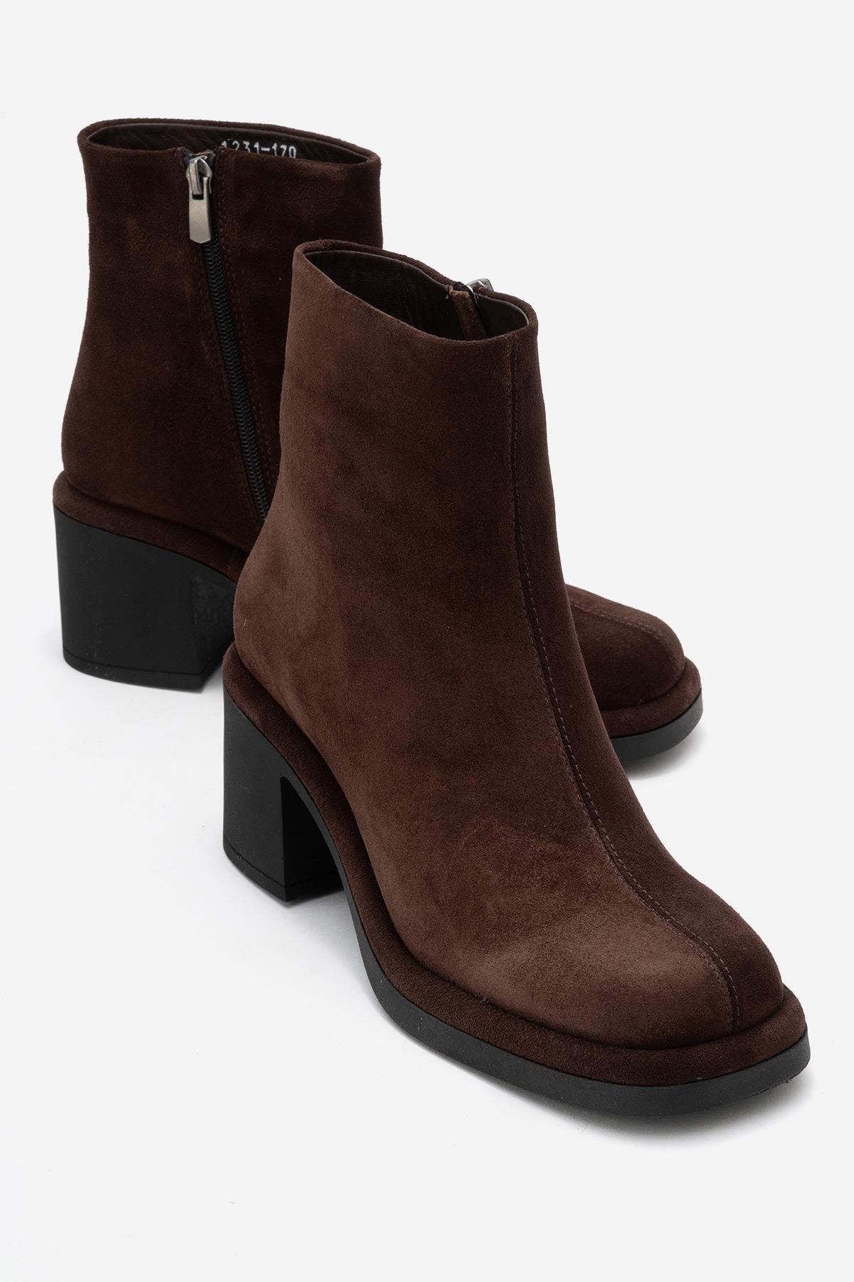 Junae - Brown Genuine Leather Block Heel Ankle Boot – front three-quarter view showing leather, suede, Vowalisse