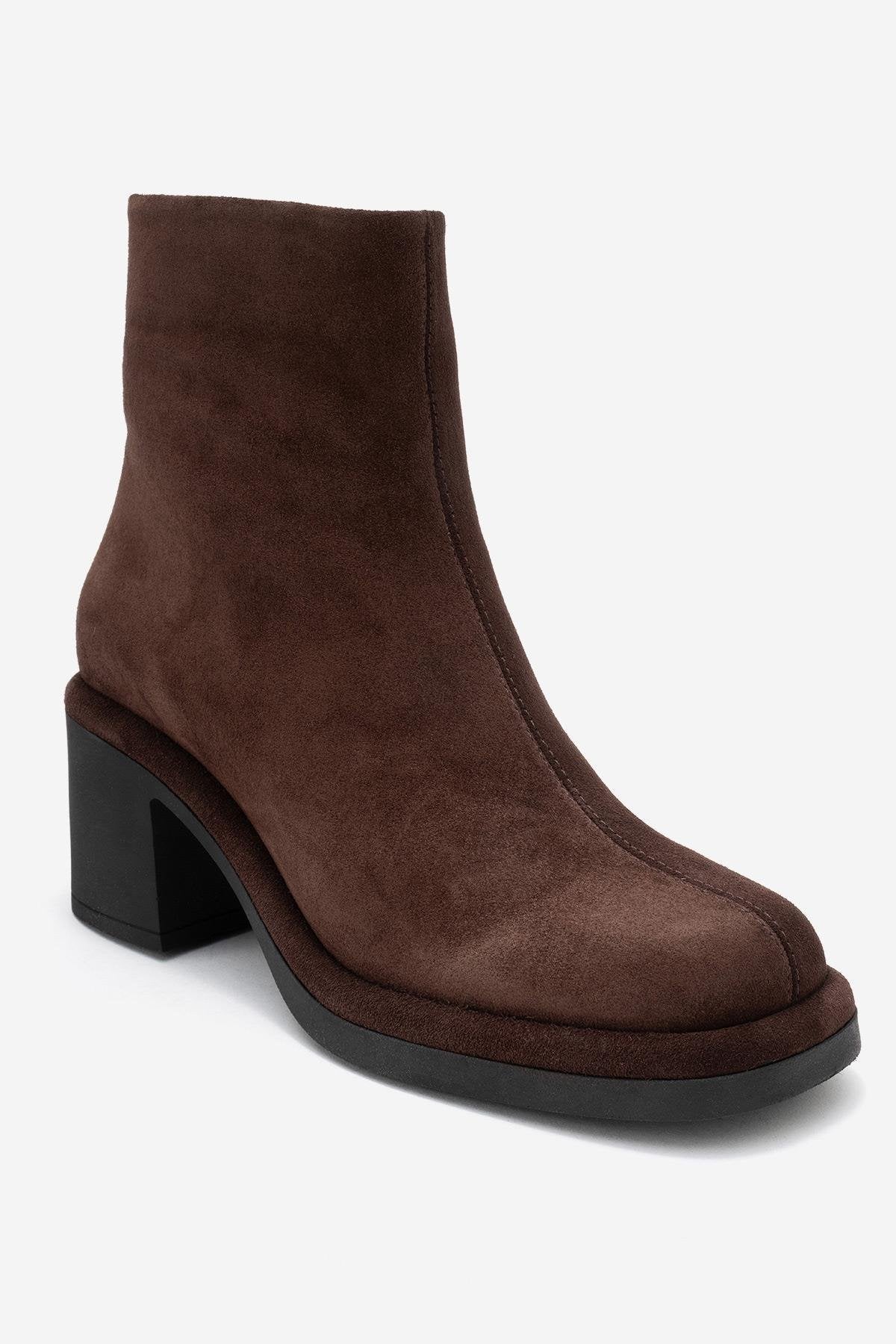 Junae - Brown Genuine Leather Block Heel Ankle Boot – detail view showing leather, suede, Vowalisse