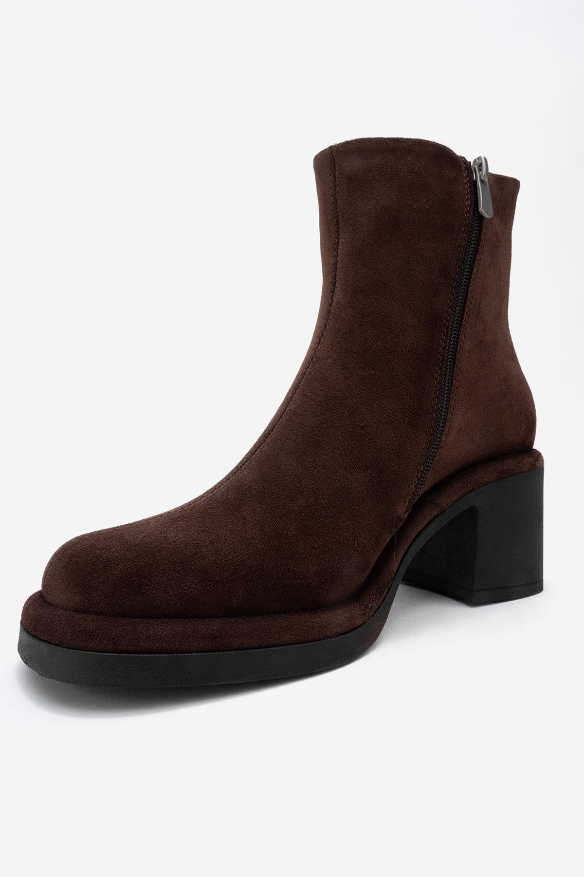 Junae - Brown Genuine Leather Block Heel Ankle Boot – heel view showing leather, suede, Vowalisse