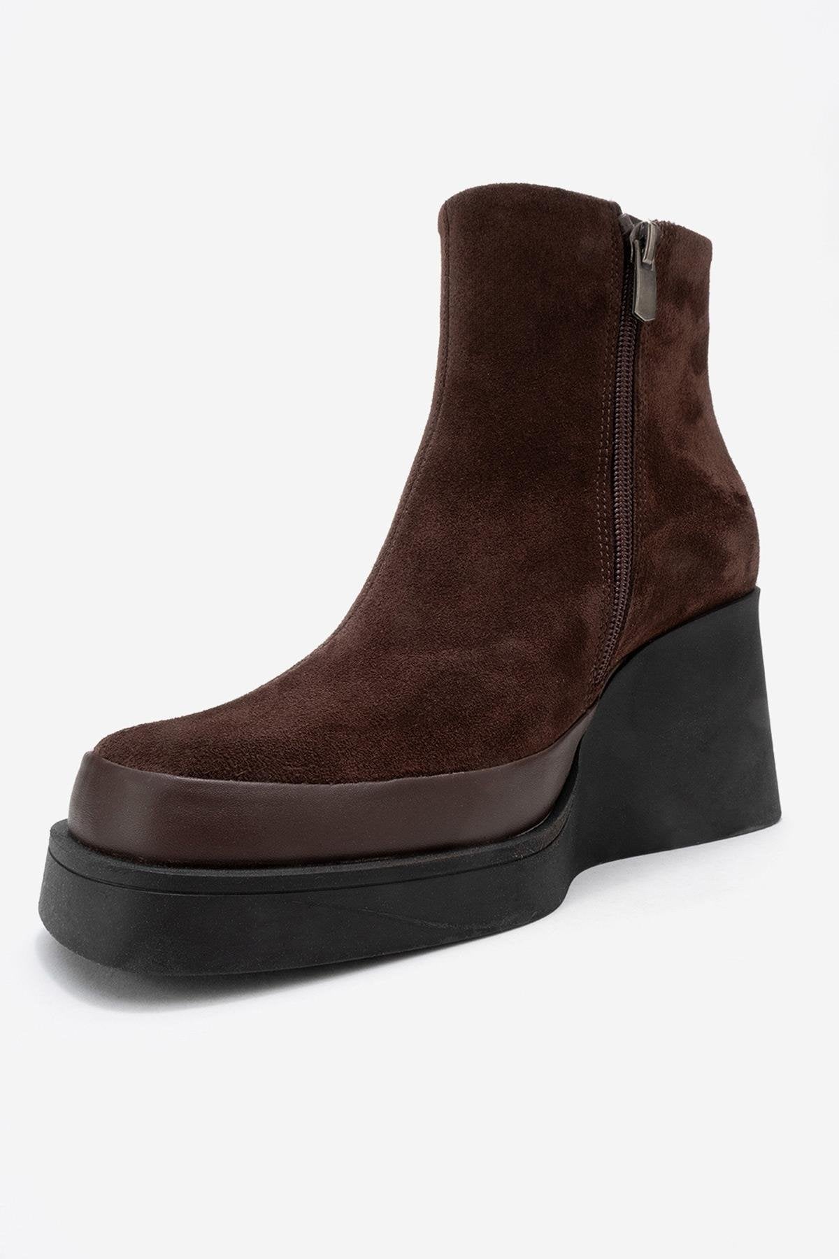Livia - Brown Genuine Leather Wedge Platform Ankle Boot – heel view showing leather, suede, Vowalisse