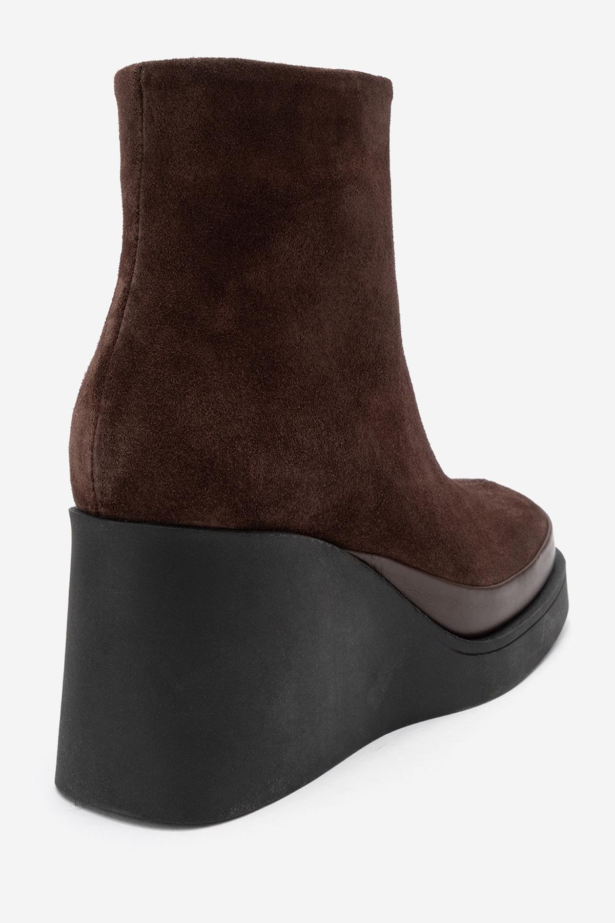 Livia - Brown Genuine Leather Wedge Platform Ankle Boot – back view showing leather, suede, Vowalisse