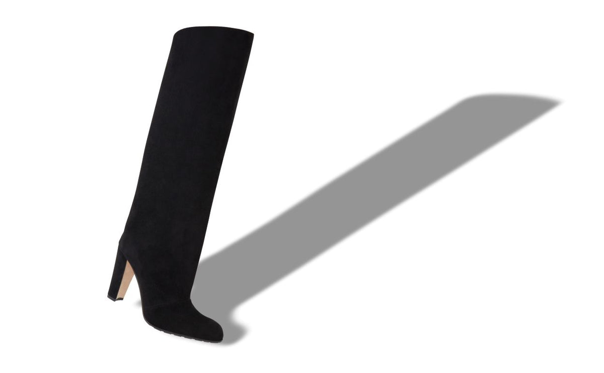 Seraphina Lace Black Round Toe Knee-High Boots – front three-quarter view showing black round toe, suede, Vowalisse