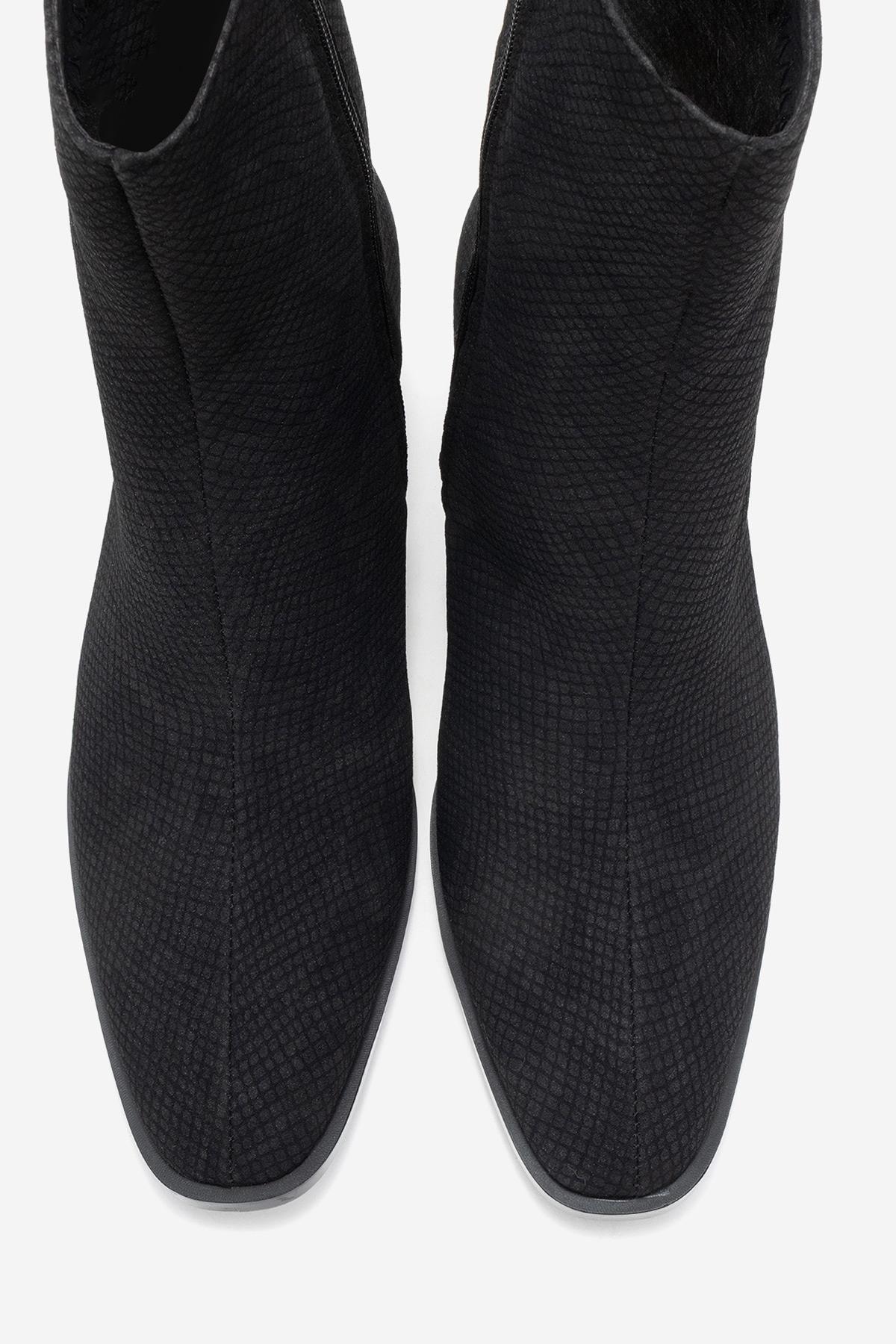 Chara - Black Patterned Block Heel Boot – side view showing leather, black, red, Vowalisse