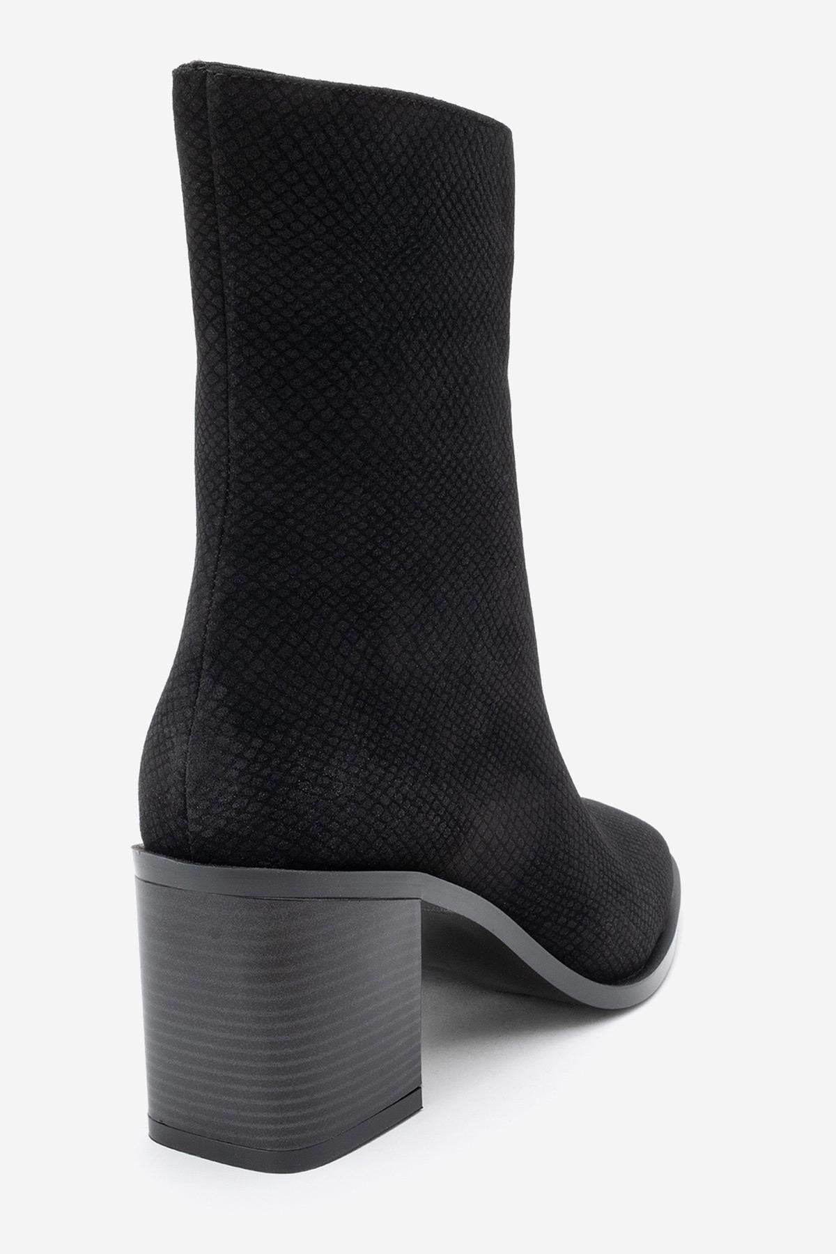 Chara - Black Patterned Block Heel Boot – back view showing leather, black, red, Vowalisse