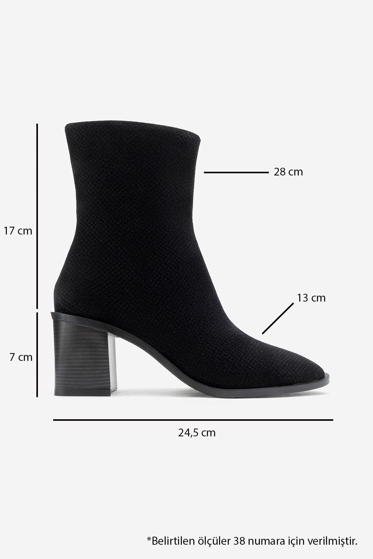 Chara - Black Patterned Block Heel Boot – top view showing leather, black, red, Vowalisse