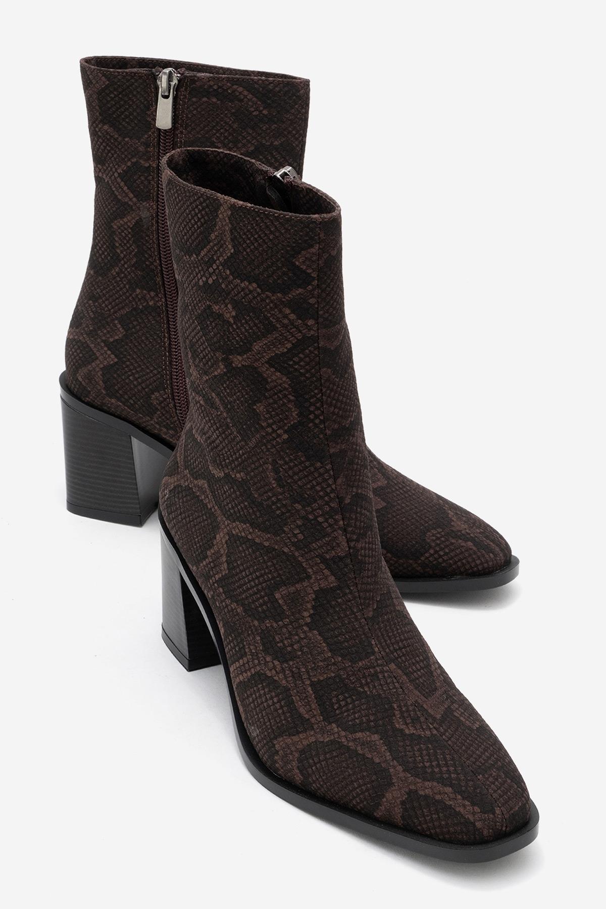 Chara - Brown Patterned Block Heel Boot – front three-quarter view showing leather, red, Vowalisse