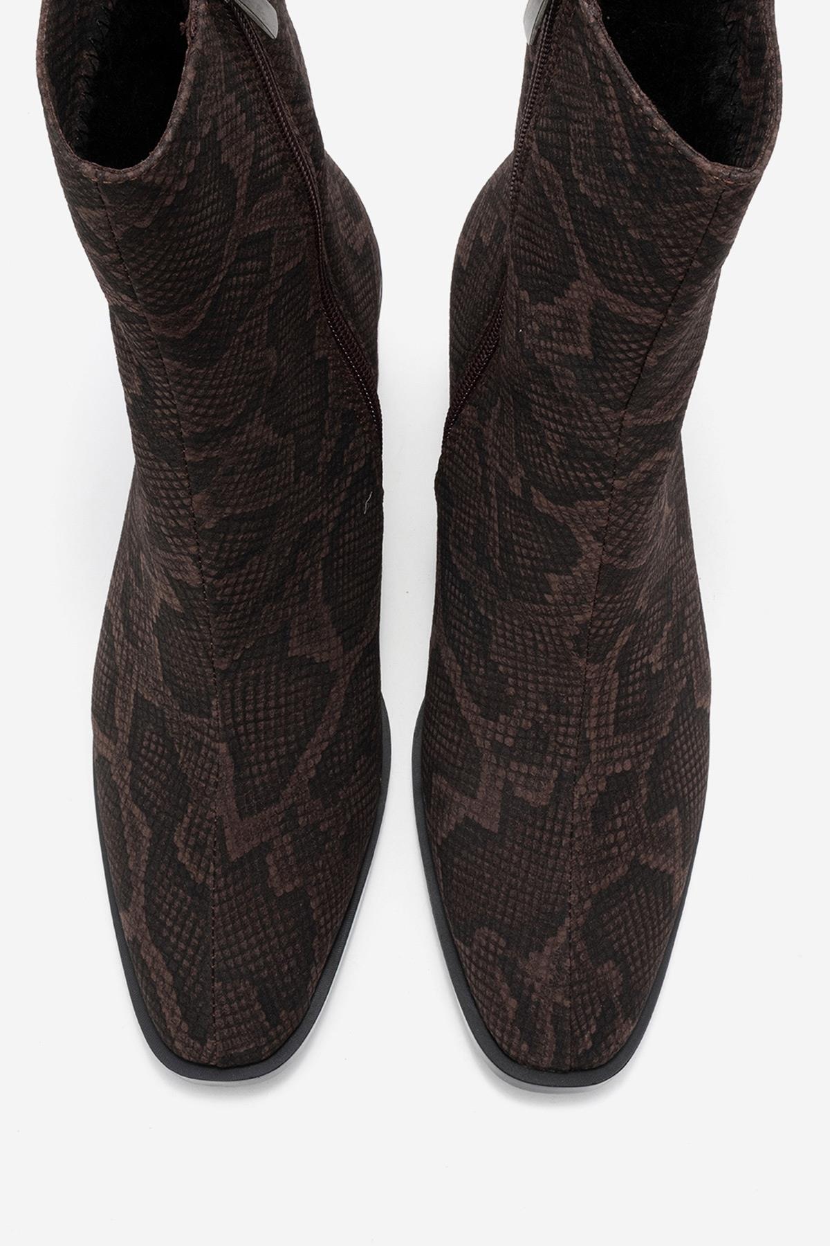 Chara - Brown Patterned Block Heel Boot – side view showing leather, red, Vowalisse