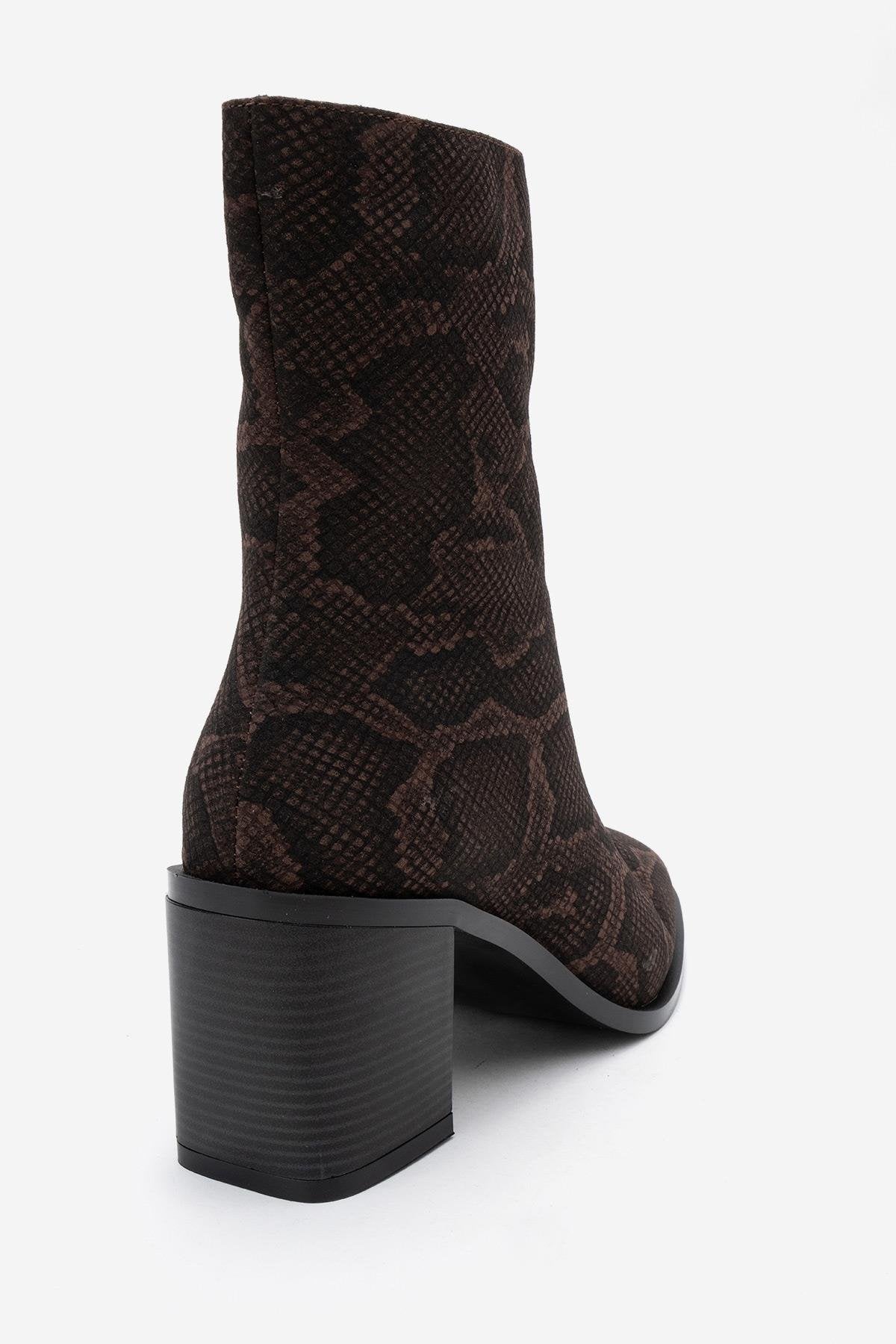 Chara - Brown Patterned Block Heel Boot – back view showing leather, red, Vowalisse