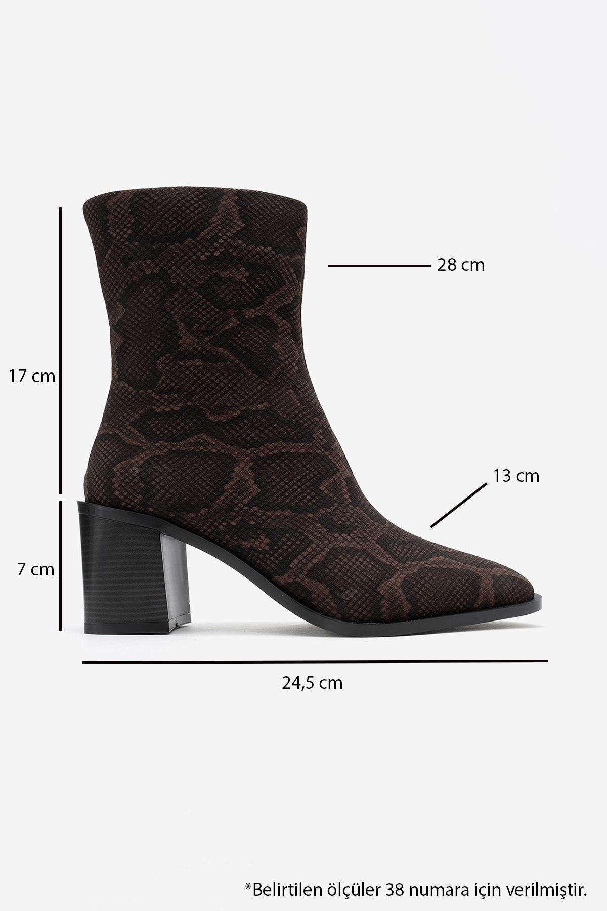 Chara - Brown Patterned Block Heel Boot – top view showing leather, red, Vowalisse