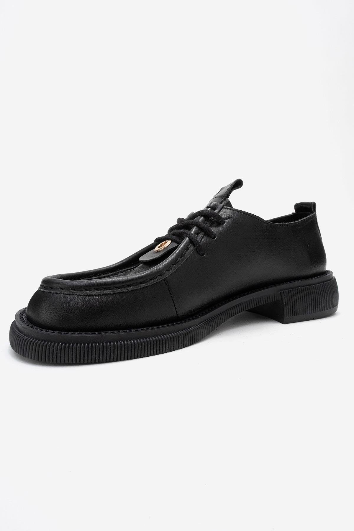 Band - Black Genuine Leather Lace-Up Loafer – heel view showing lace, leather, black, Vowalisse