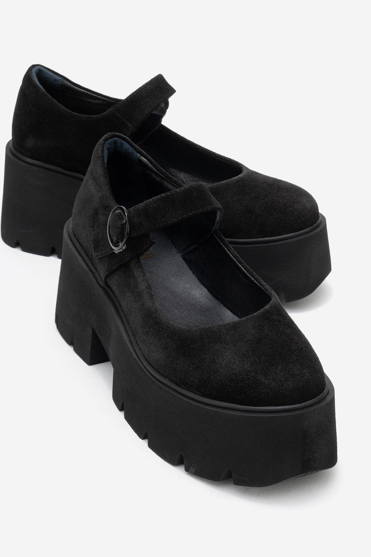 Orina - Black Suede Genuine Leather Platform Casual Shoe – front three-quarter view showing leather, suede, black…