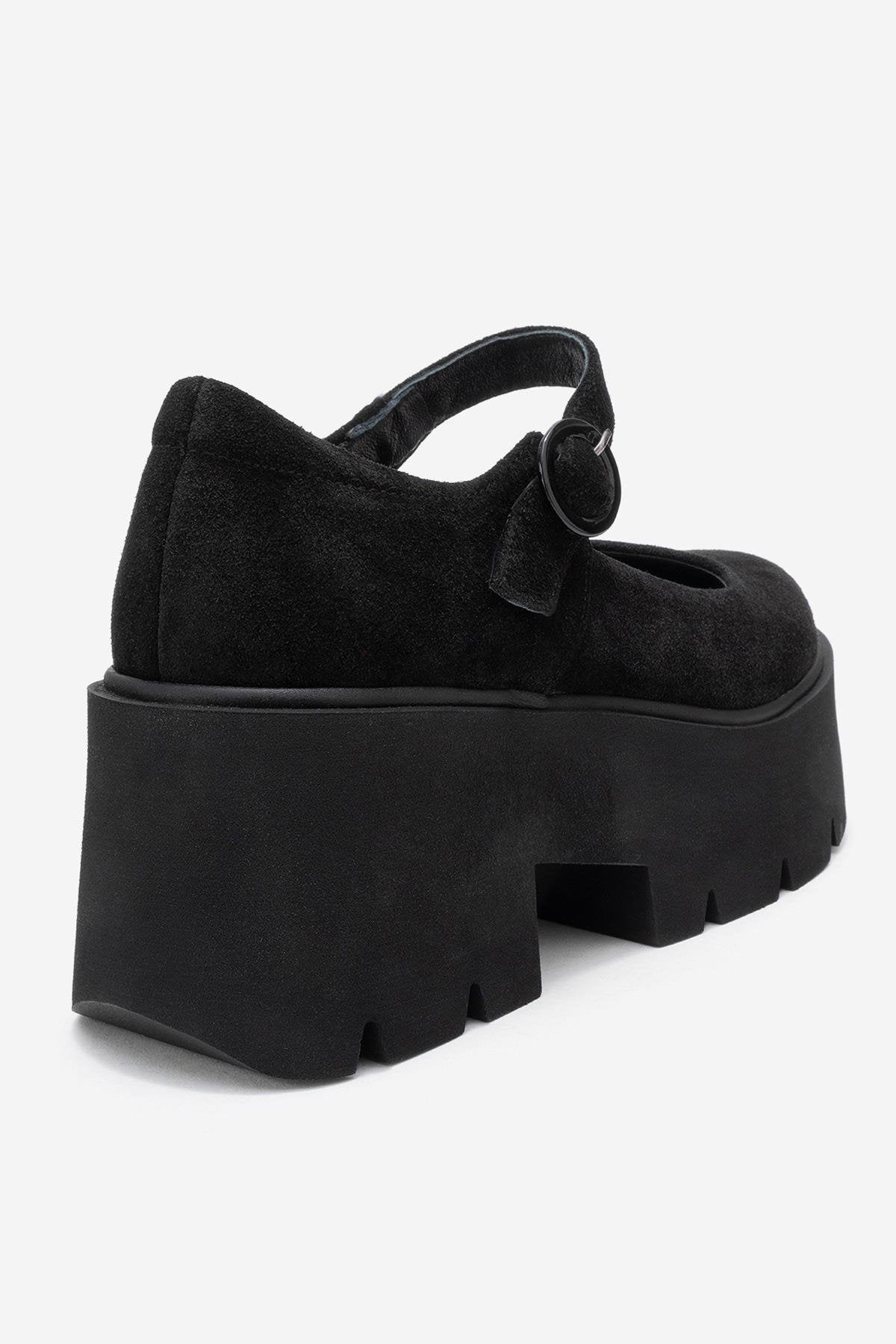Orina - Black Suede Genuine Leather Platform Casual Shoe – back view showing leather, suede, black, Vowalisse