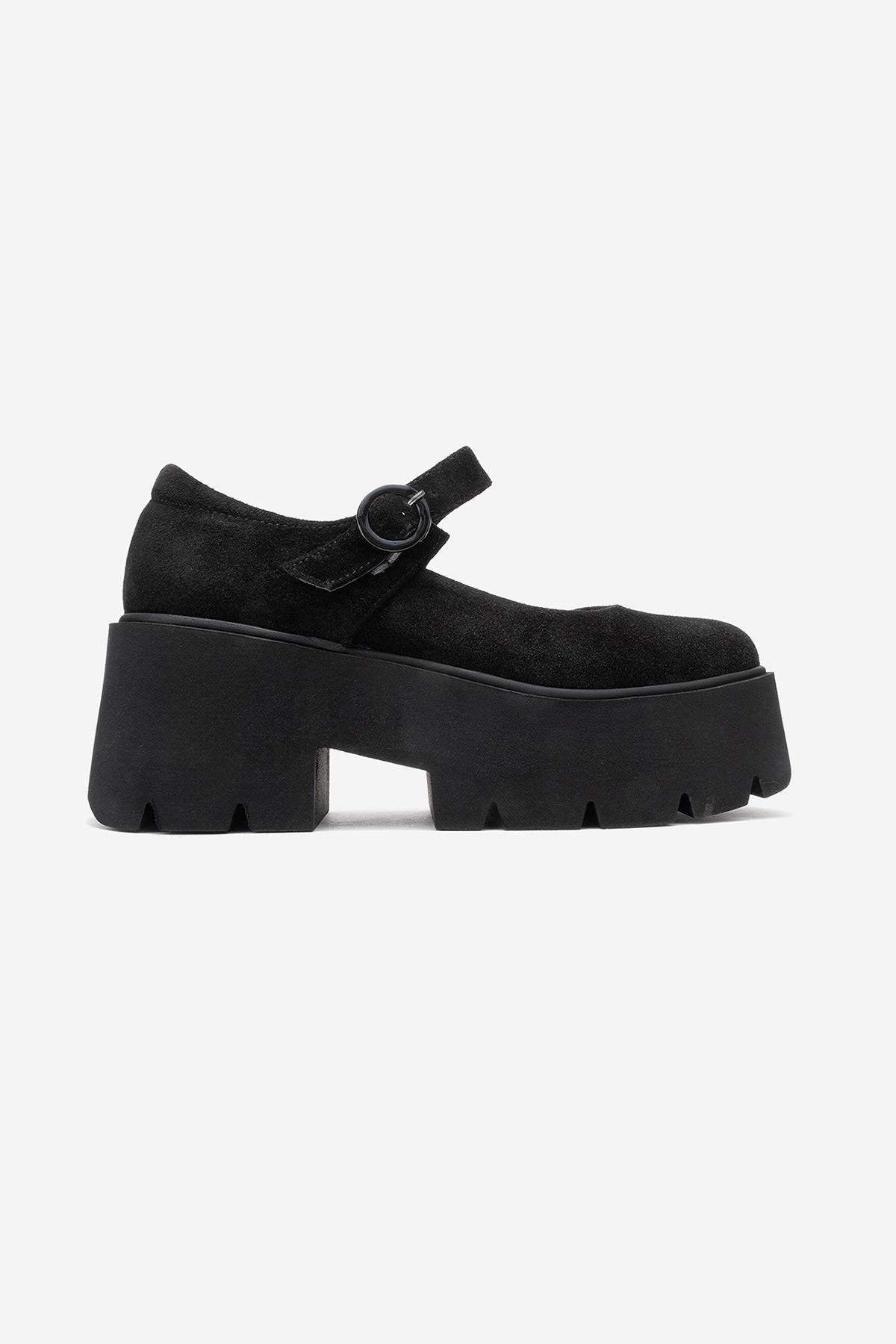 Orina - Black Suede Genuine Leather Platform Casual Shoe – top view showing leather, suede, black, Vowalisse