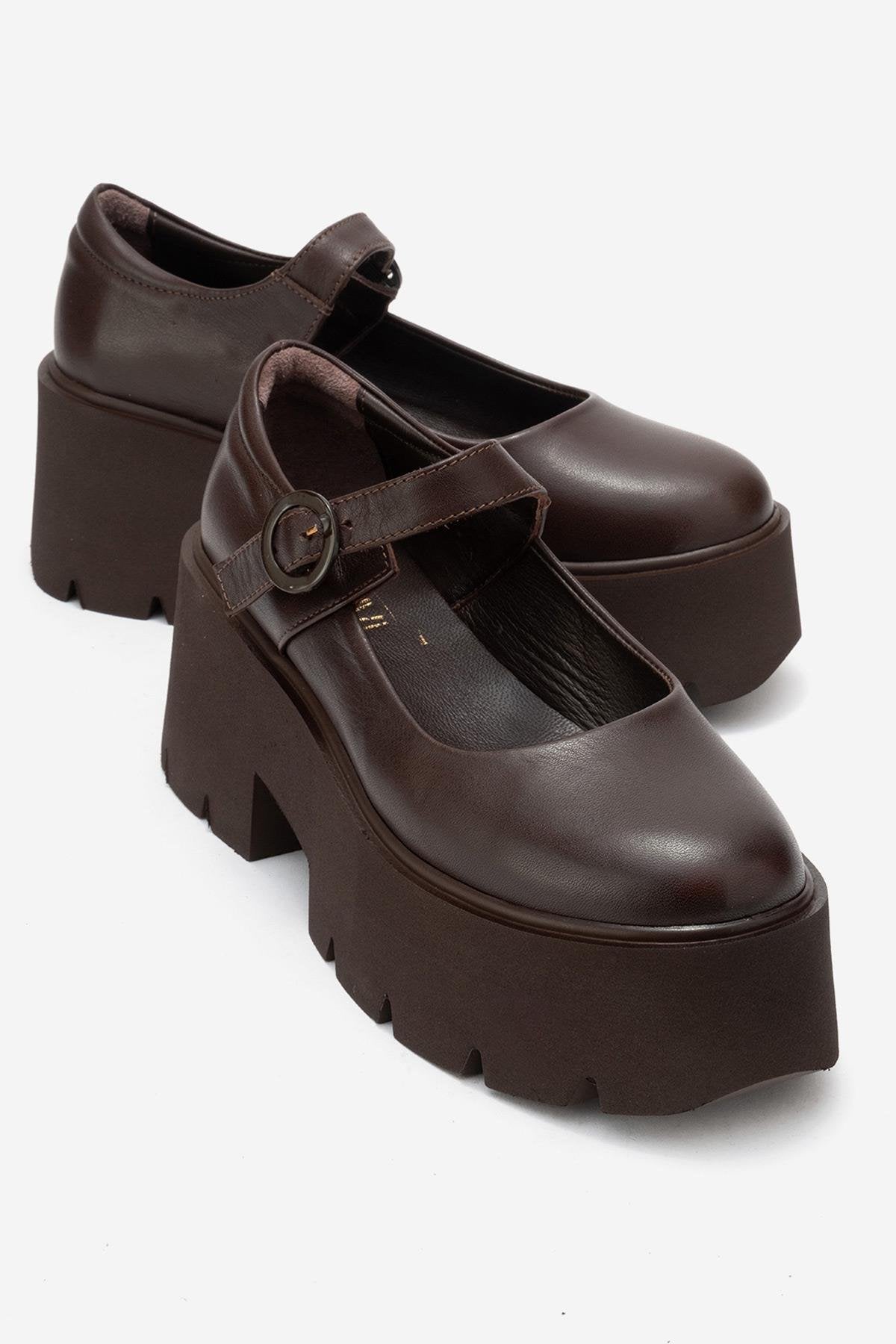 Orina - Brown Genuine Leather Platform Casual Shoe – front three-quarter view showing leather, Vowalisse