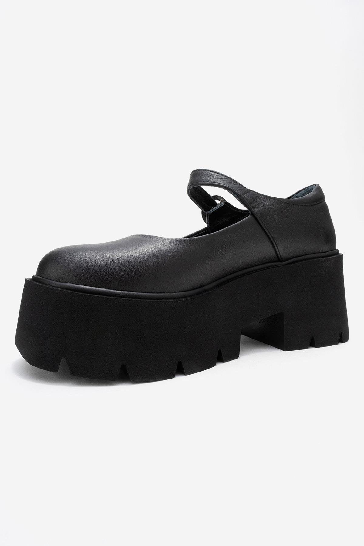 Orina - Black Genuine Leather Platform Casual Shoe – heel view showing leather, black, Vowalisse