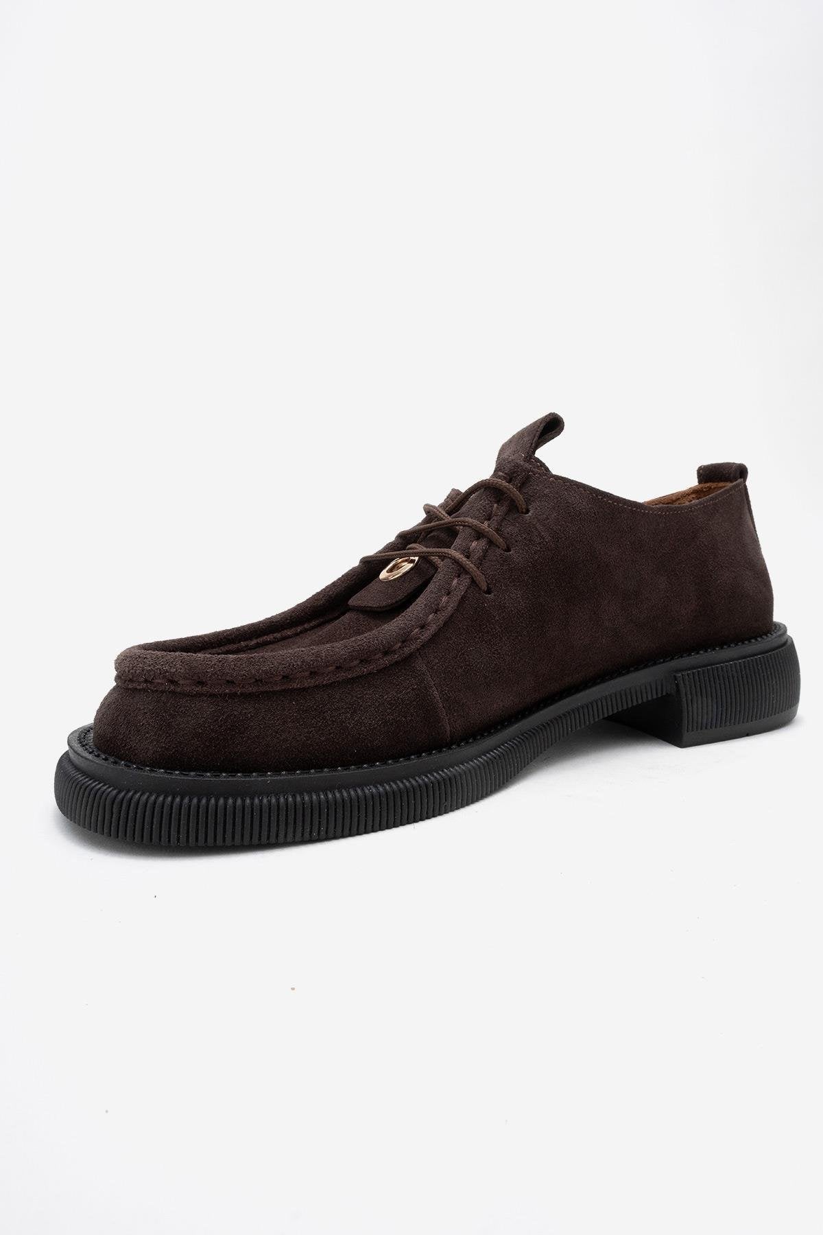 Band - Brown Suede Genuine Leather Lace-Up Loafer – heel view showing lace, leather, suede, Vowalisse