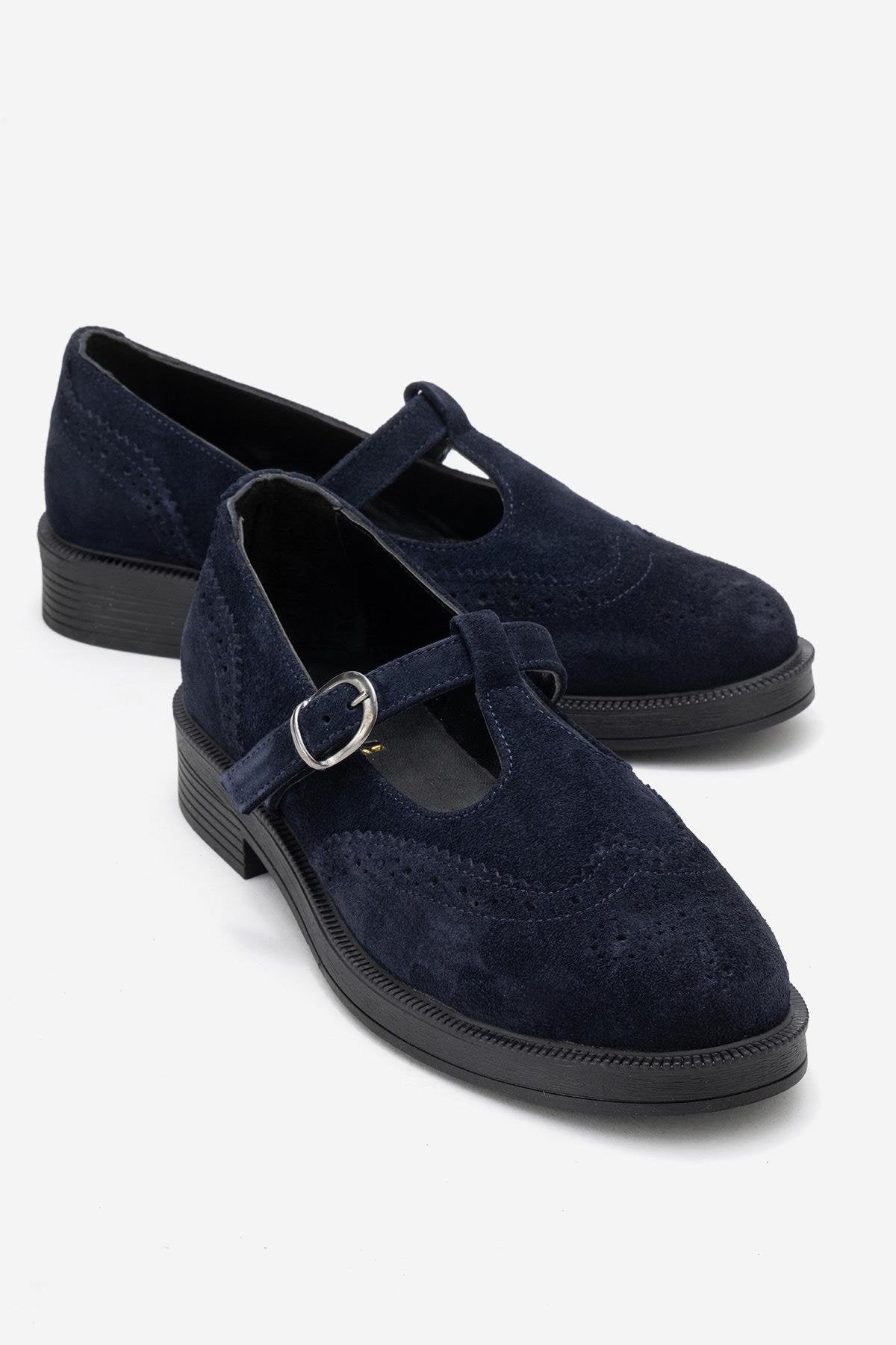Janney - Navy Suede Genuine Leather Strap Loafer – front three-quarter view showing leather, suede, Vowalisse
