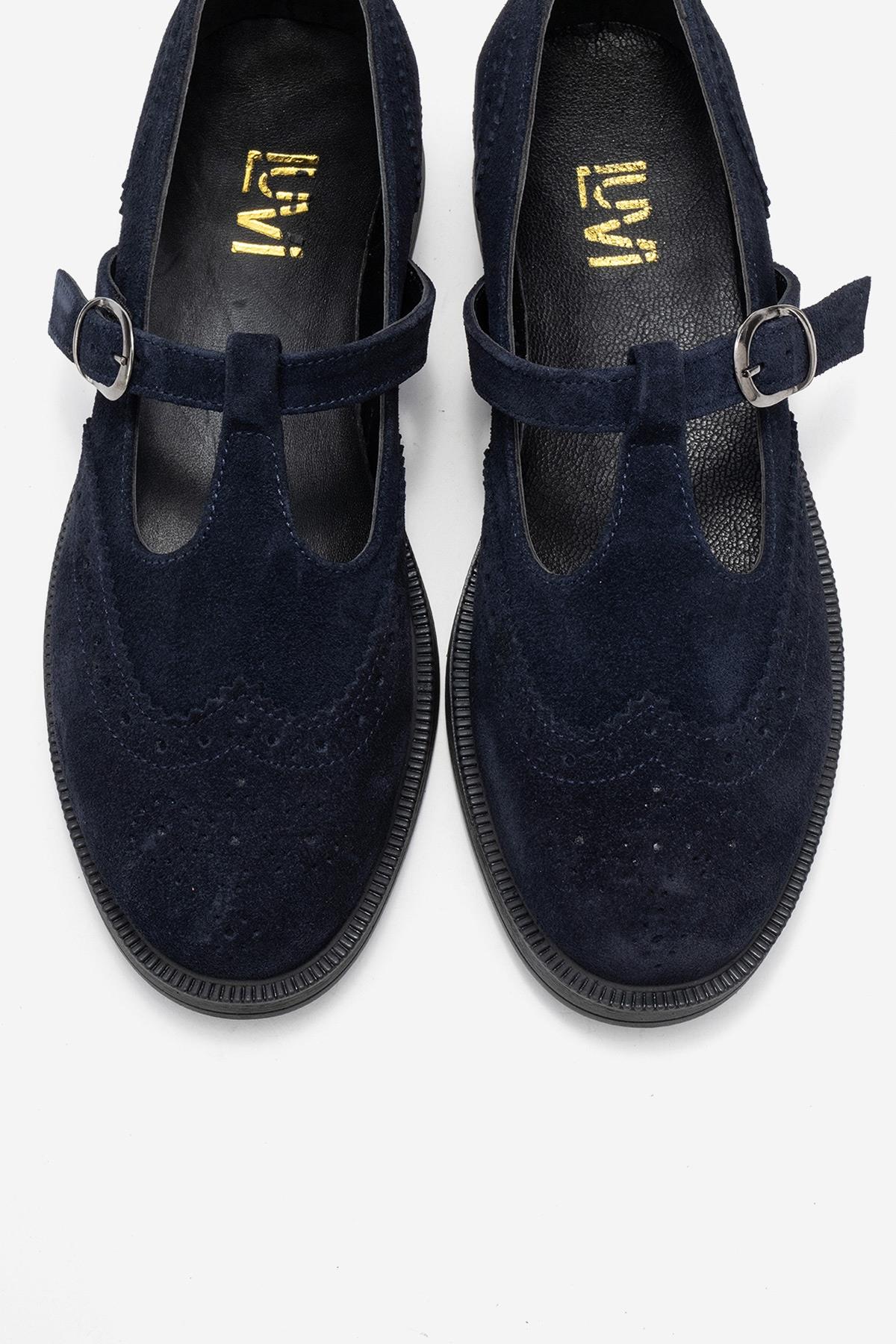 Janney - Navy Suede Genuine Leather Strap Loafer – side view showing leather, suede, Vowalisse