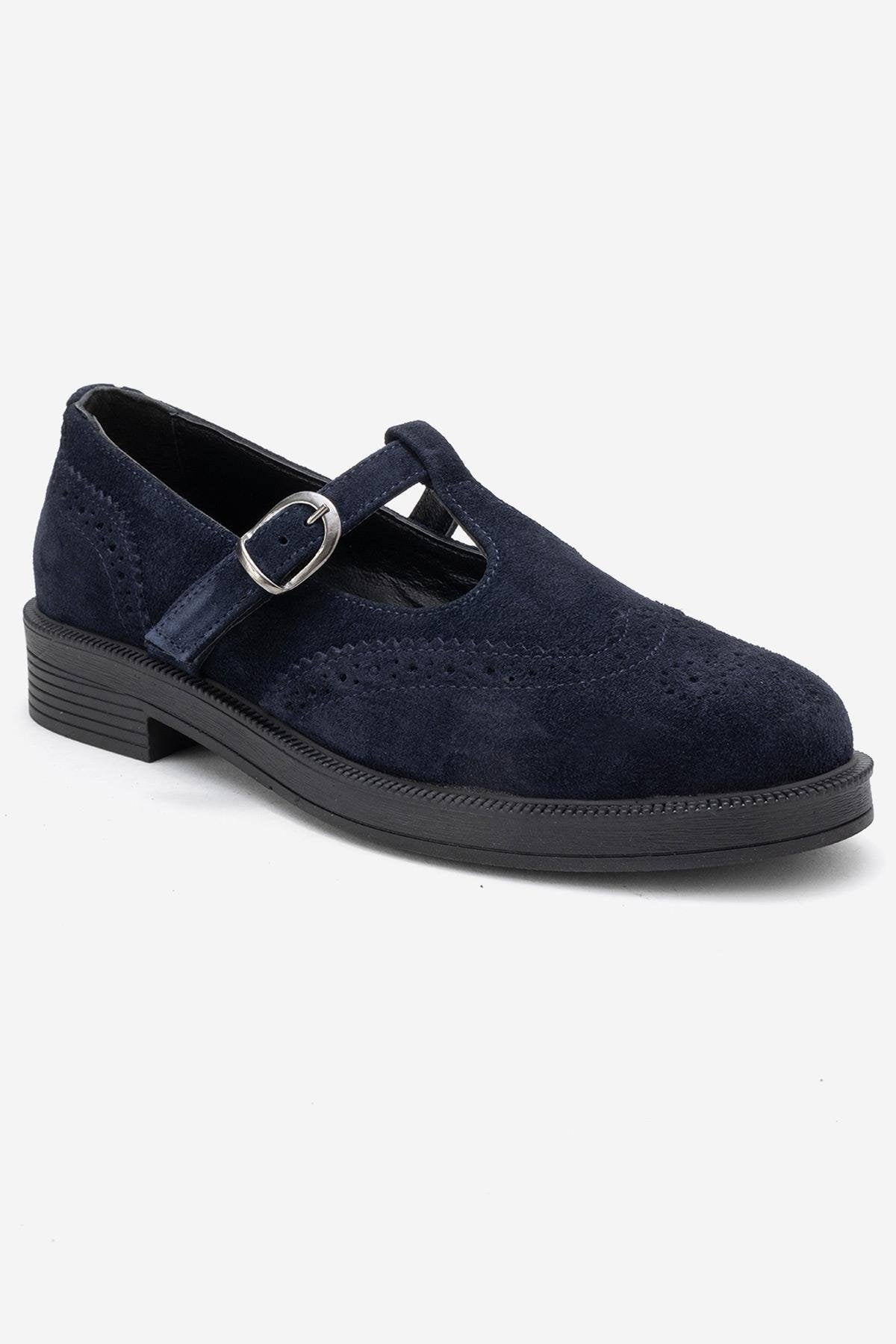 Janney - Navy Suede Genuine Leather Strap Loafer – detail view showing leather, suede, Vowalisse