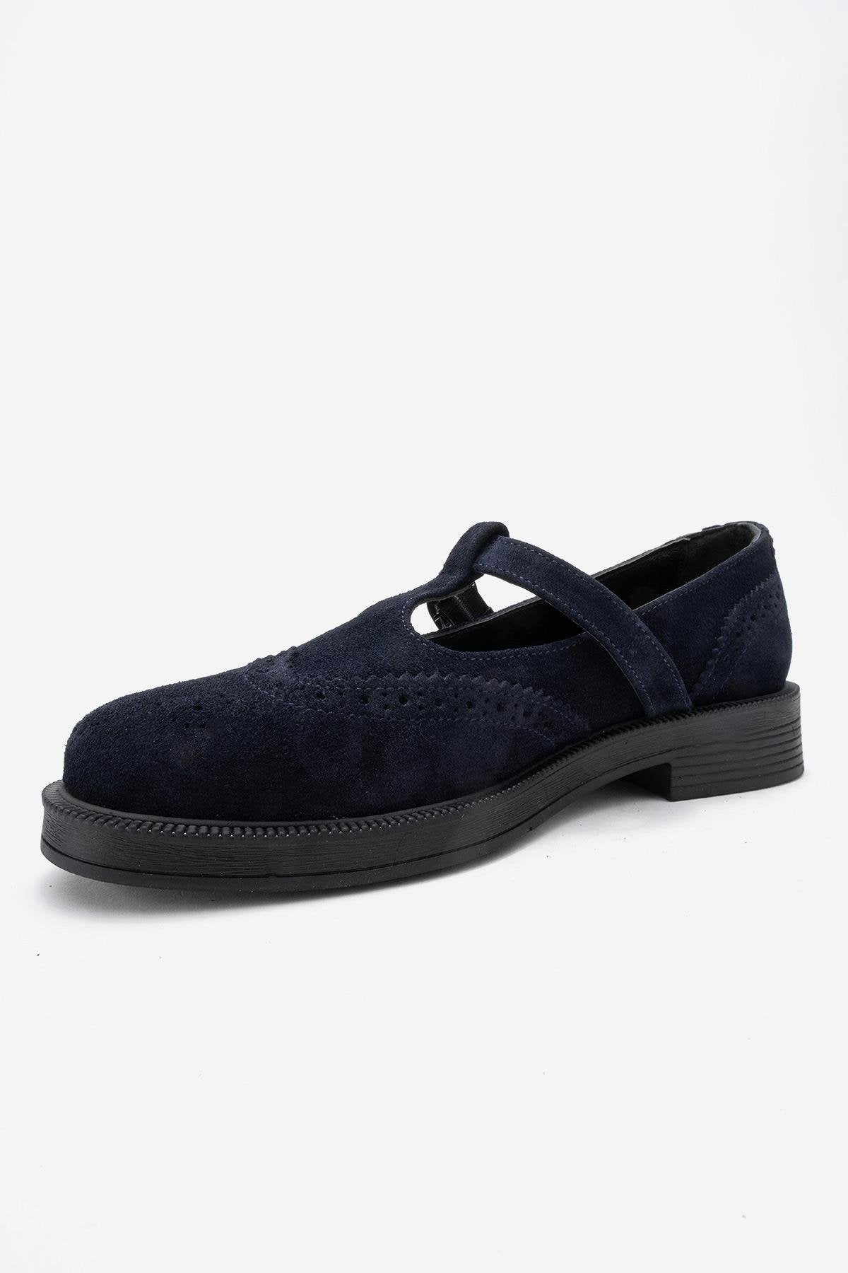 Janney - Navy Suede Genuine Leather Strap Loafer – heel view showing leather, suede, Vowalisse
