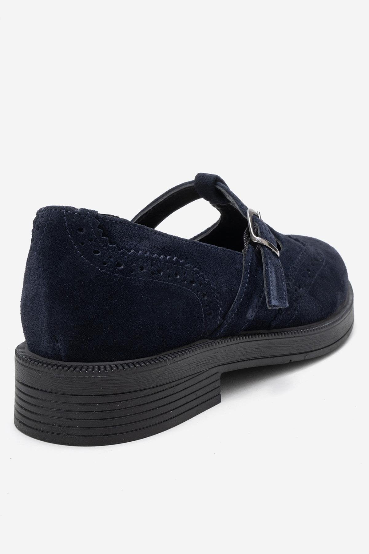 Janney - Navy Suede Genuine Leather Strap Loafer – back view showing leather, suede, Vowalisse