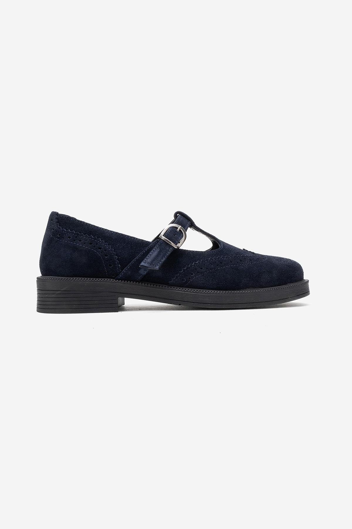Janney - Navy Suede Genuine Leather Strap Loafer – top view showing leather, suede, Vowalisse