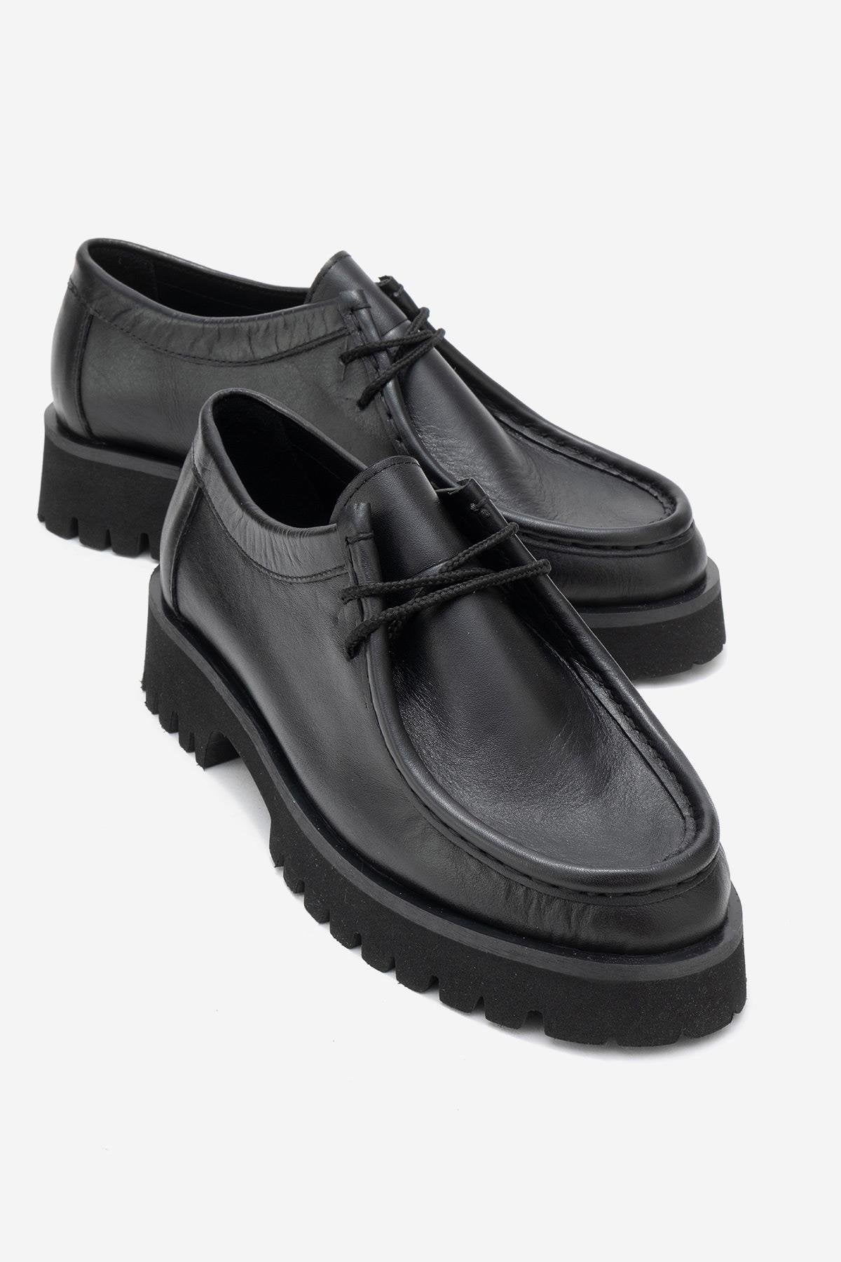 Talia - Black Genuine Leather Lace-Up Loafer – front three-quarter view showing lace, leather, black, Vowalisse