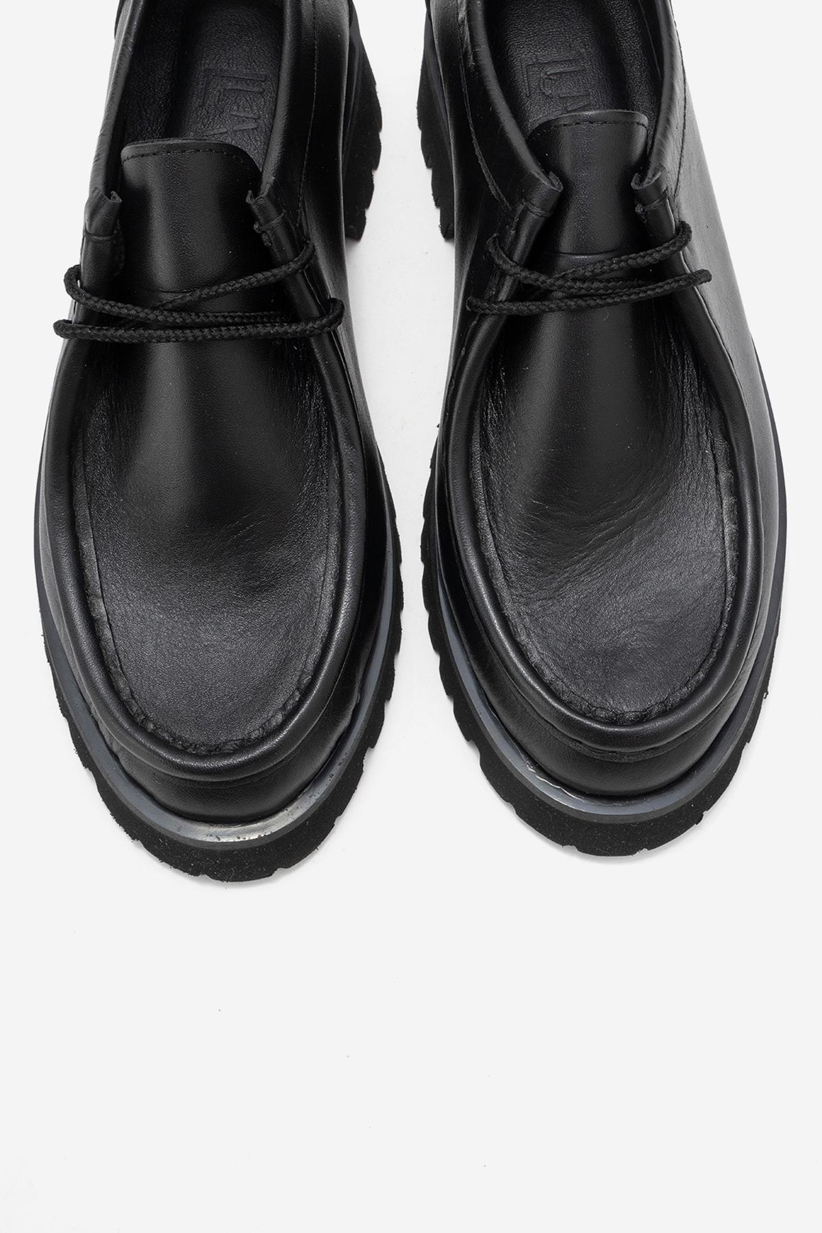Talia - Black Genuine Leather Lace-Up Loafer – side view showing lace, leather, black, Vowalisse