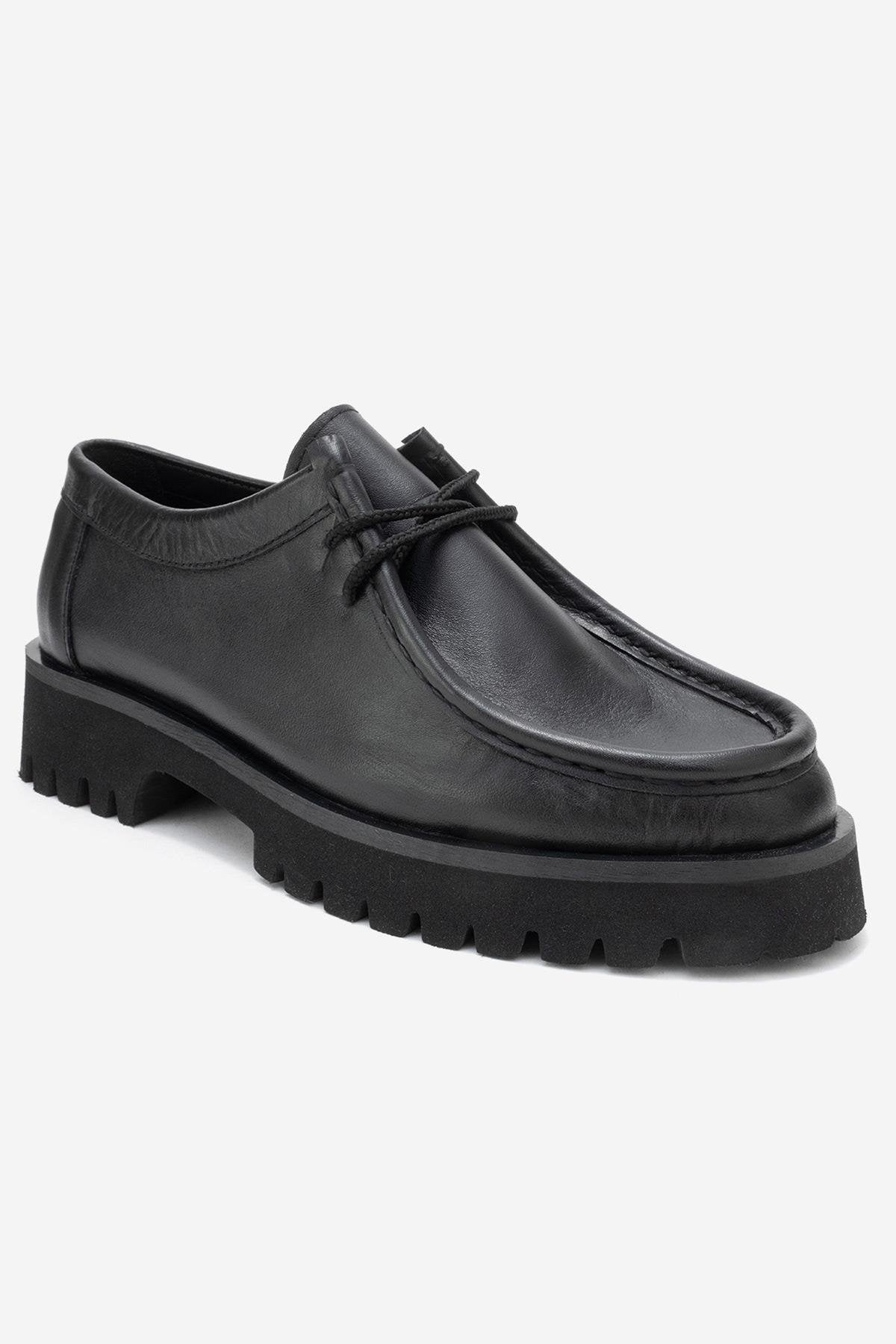 Talia - Black Genuine Leather Lace-Up Loafer – detail view showing lace, leather, black, Vowalisse