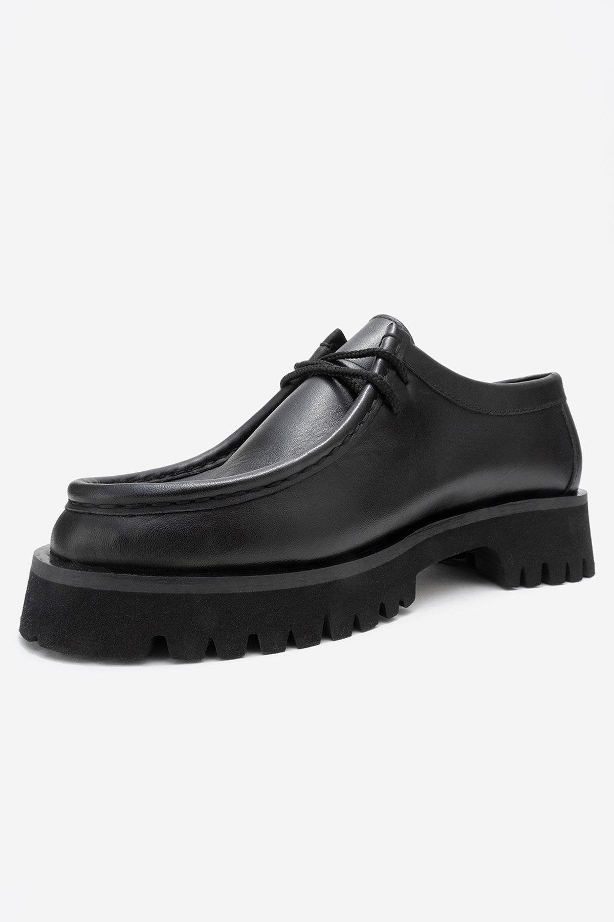Talia - Black Genuine Leather Lace-Up Loafer – heel view showing lace, leather, black, Vowalisse
