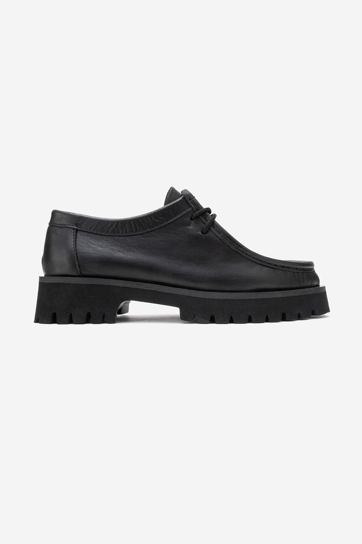 Talia - Black Genuine Leather Lace-Up Loafer – top view showing lace, leather, black, Vowalisse
