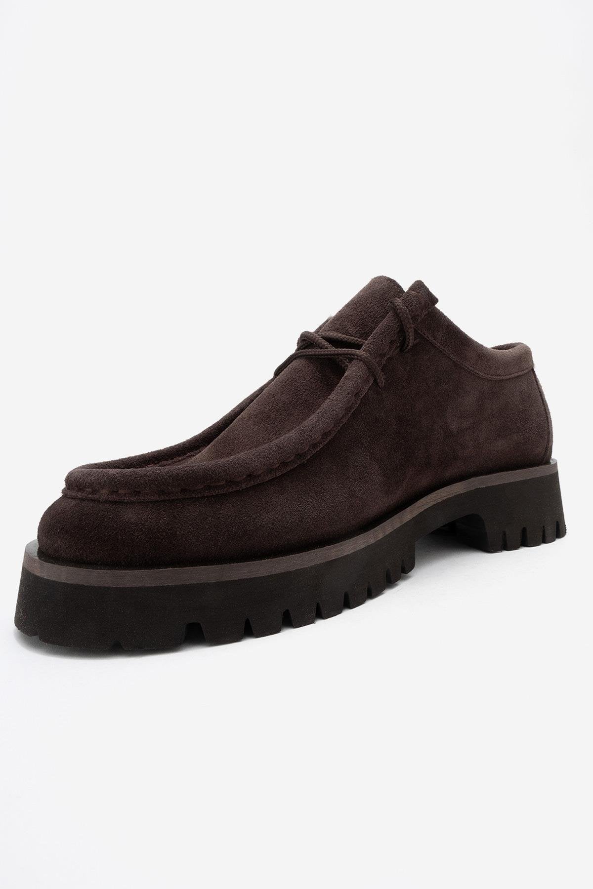 Talia - Brown Suede Genuine Leather Lace-Up Loafer – heel view showing lace, leather, suede, Vowalisse