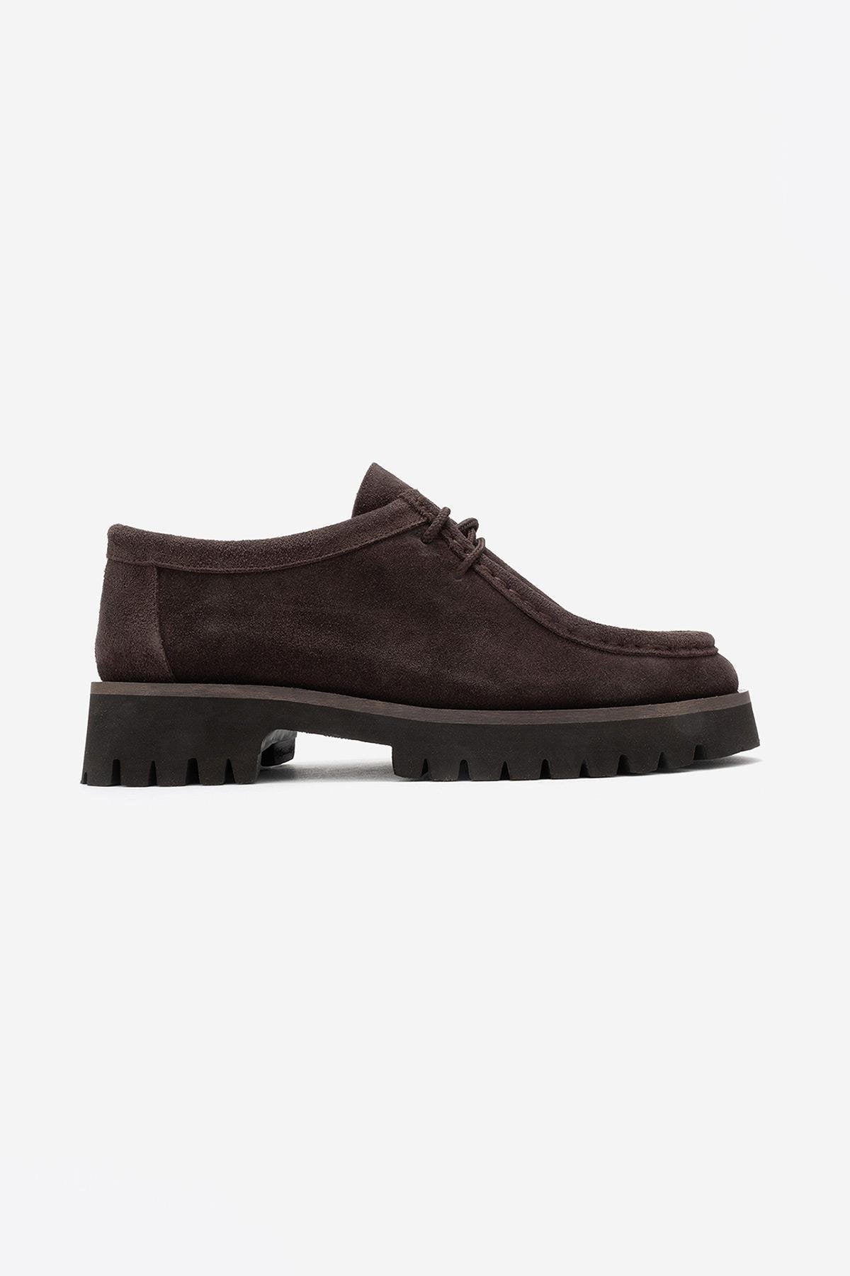 Talia - Brown Suede Genuine Leather Lace-Up Loafer – top view showing lace, leather, suede, Vowalisse