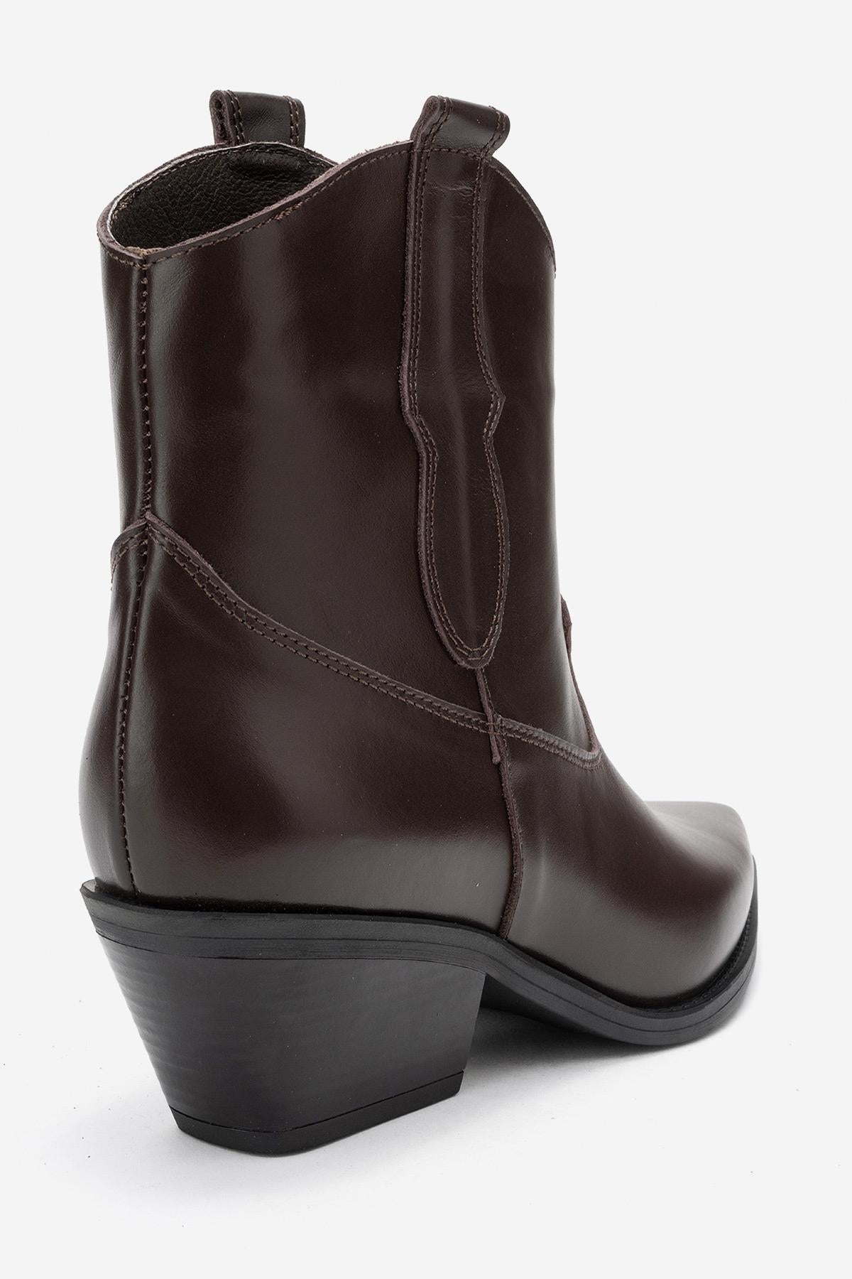 Elia - Brown Genuine Leather Western Boot – back view showing leather, red, Vowalisse