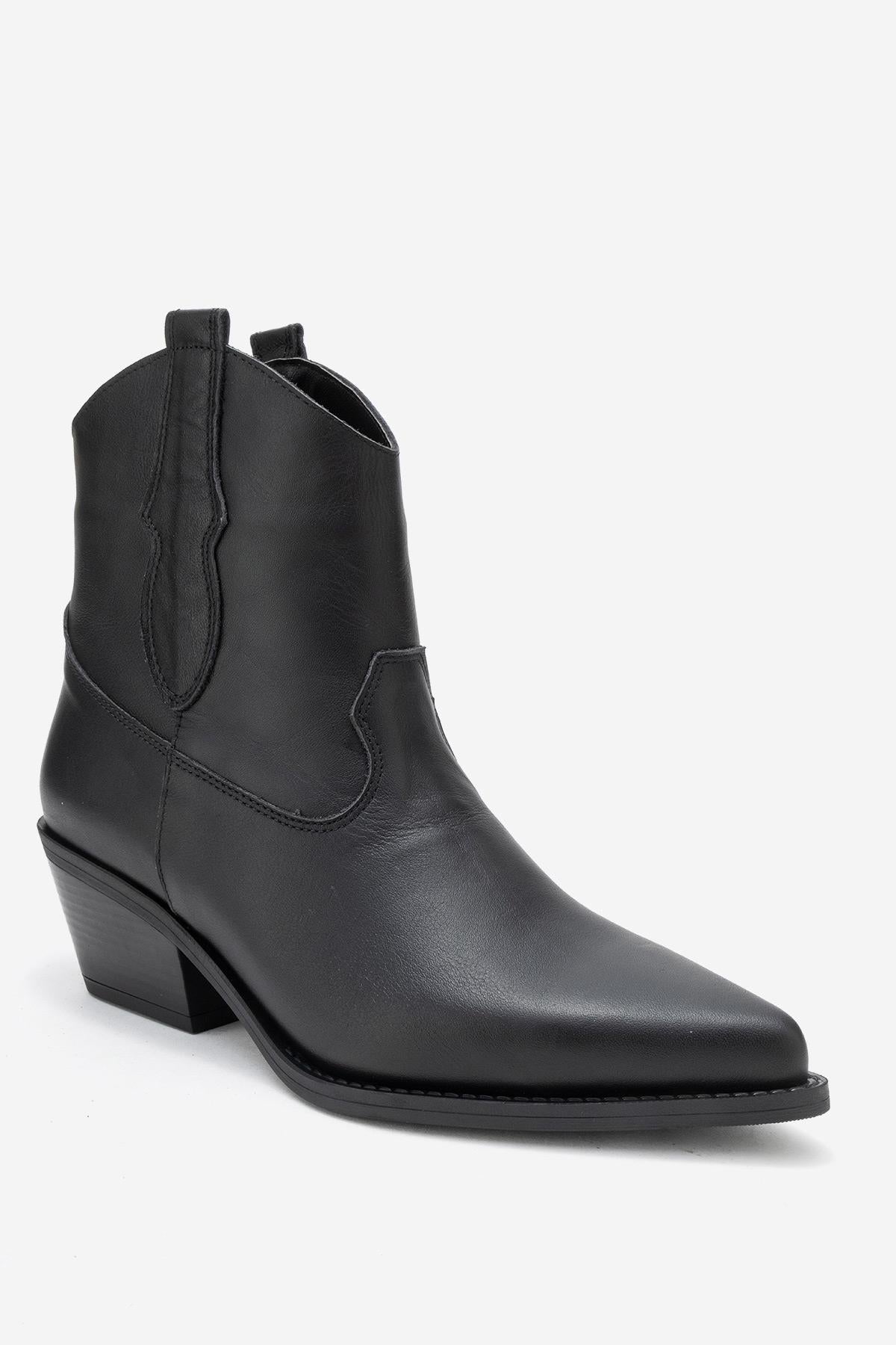 Elia - Black Genuine Leather Western Boot – detail view showing leather, black, red, Vowalisse